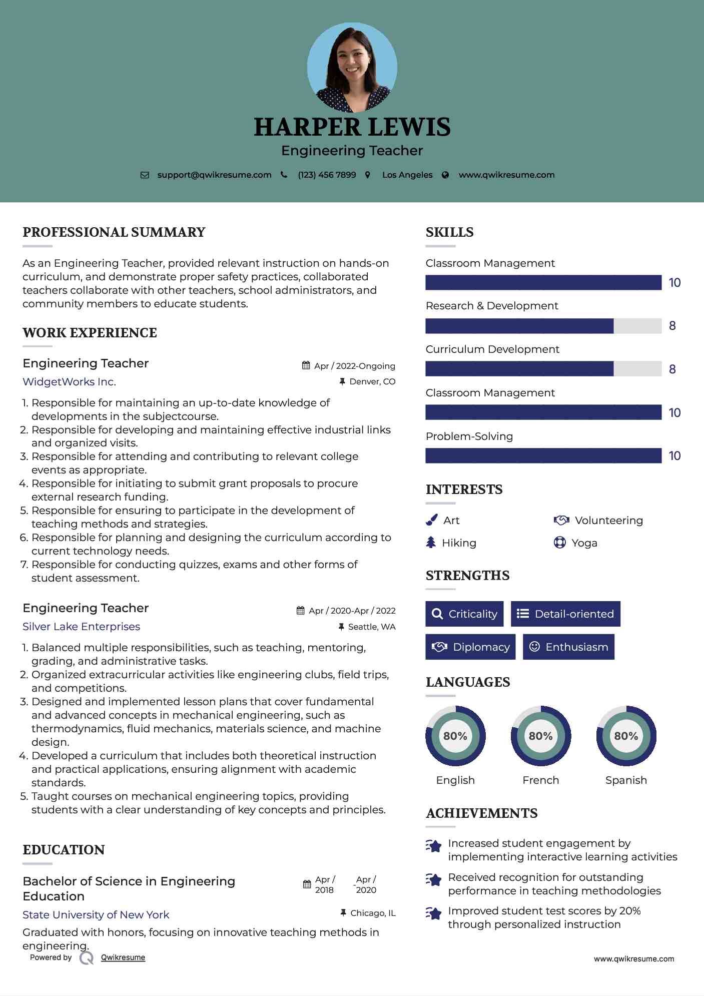 Engineering Teacher Resume Model
