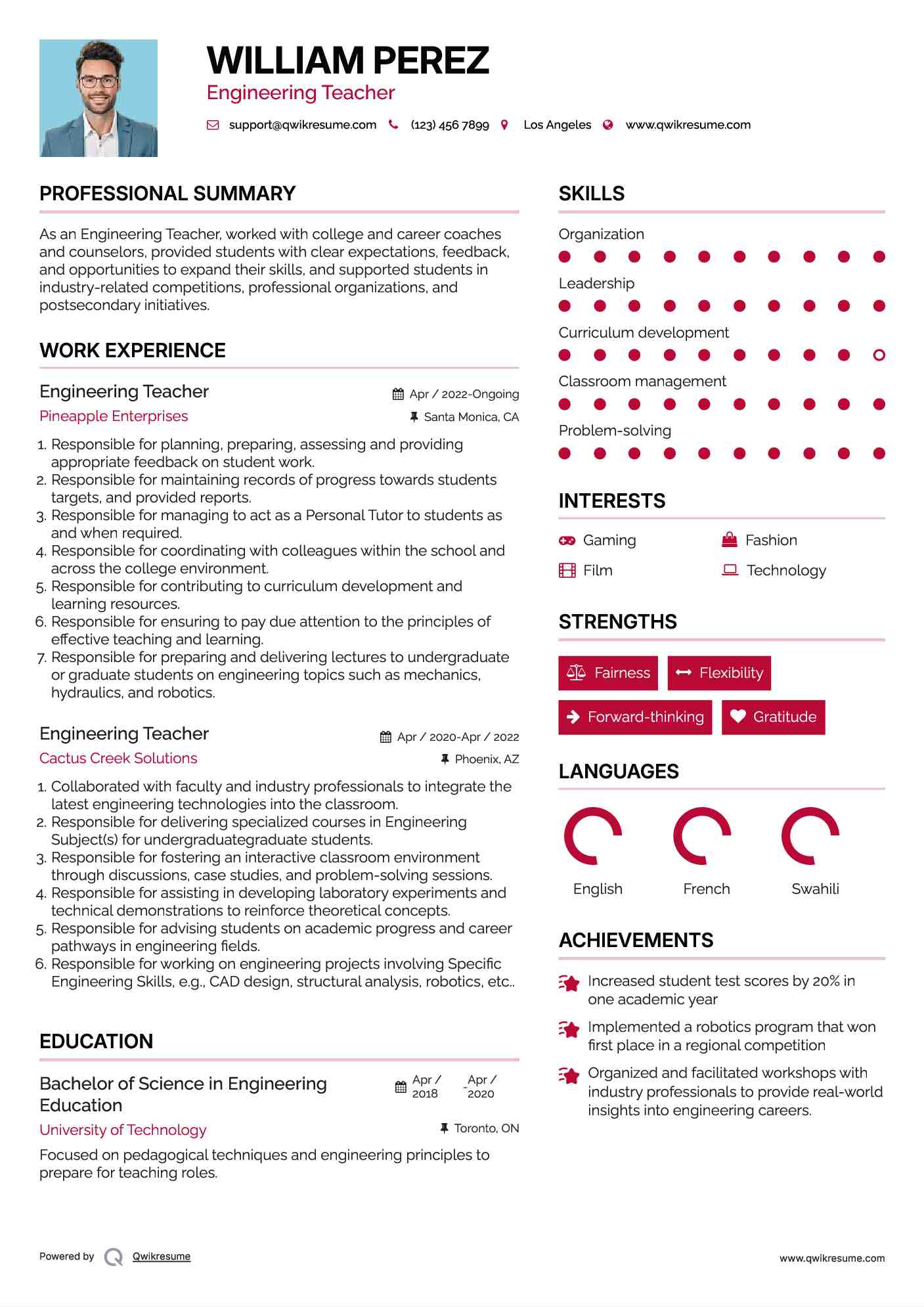 Engineering Teacher Resume Template