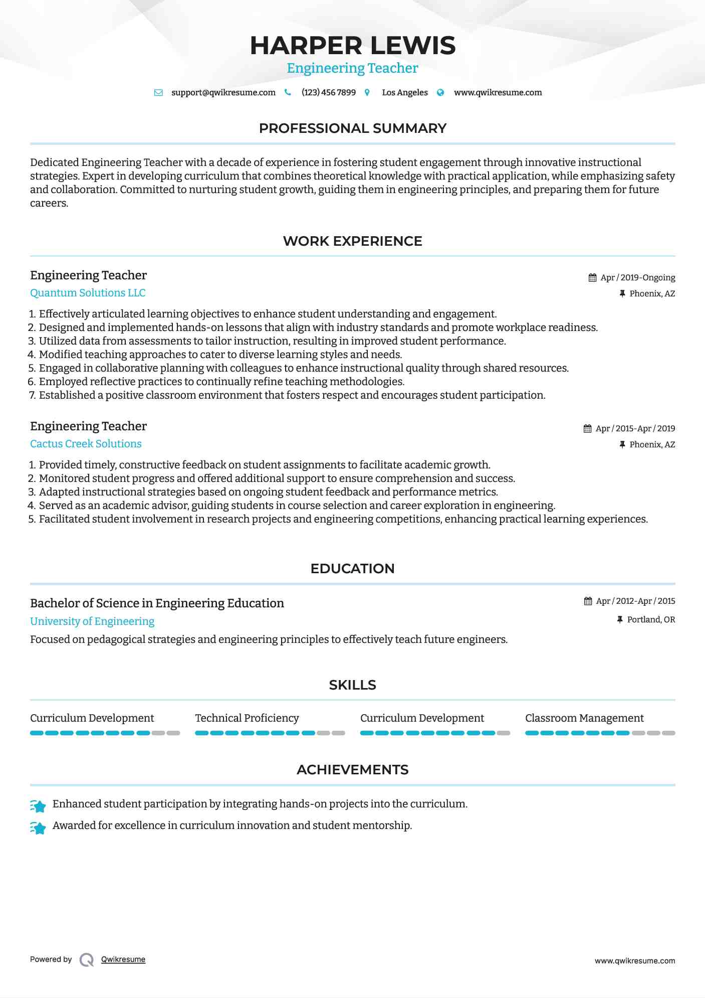 Engineering Teacher Resume Template