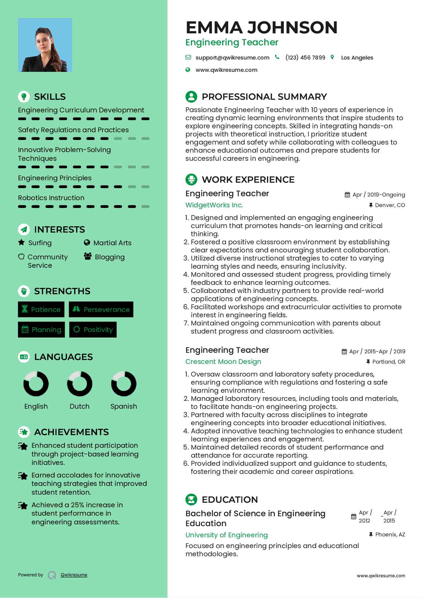 Engineering Teacher Resume Sample