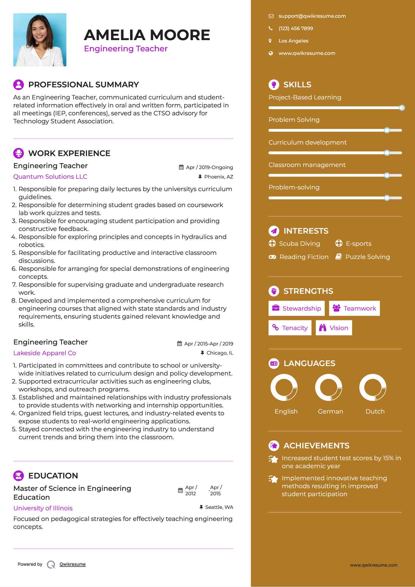 Engineering Teacher Resume Sample