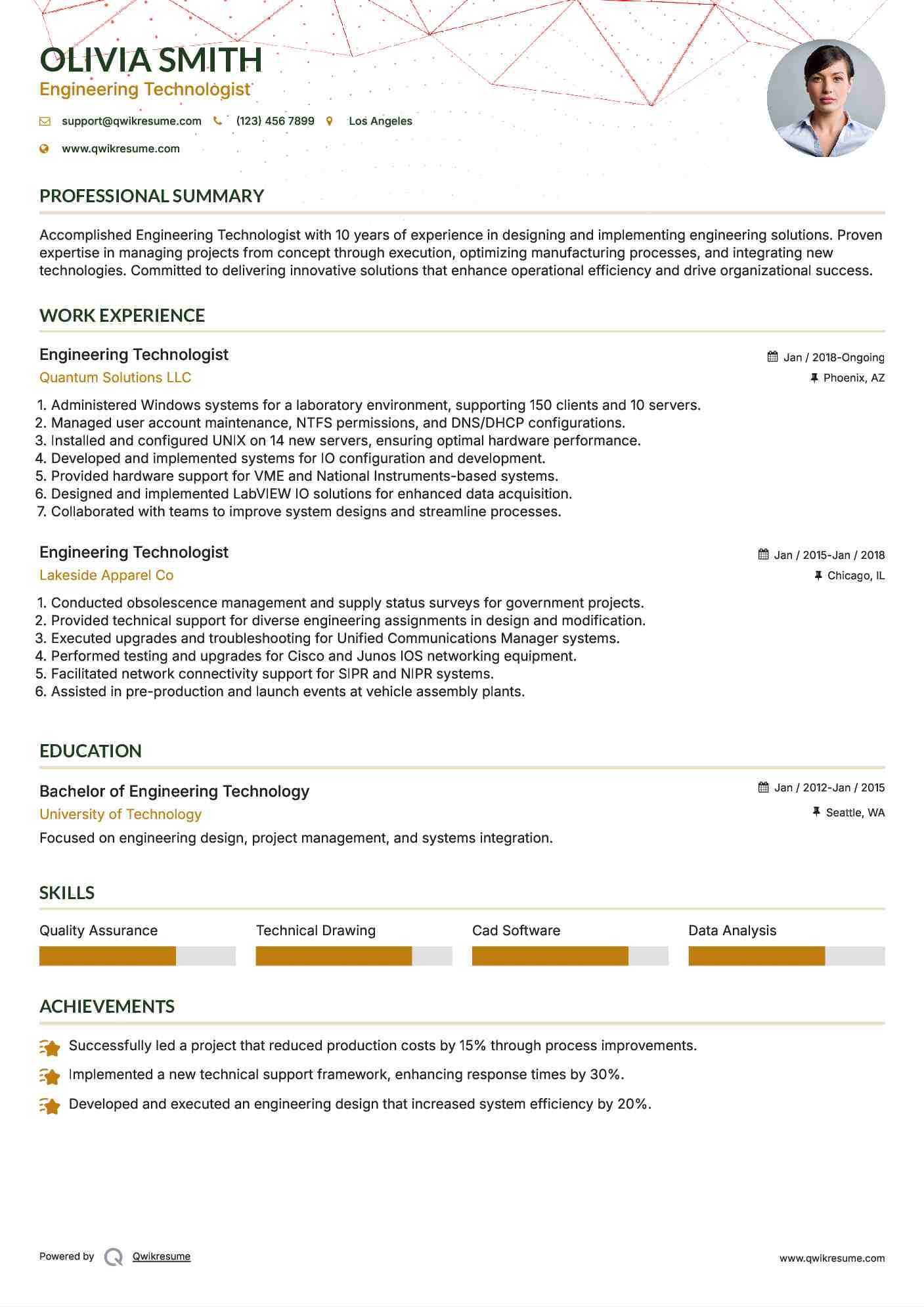 Engineering Technologist Resume Model