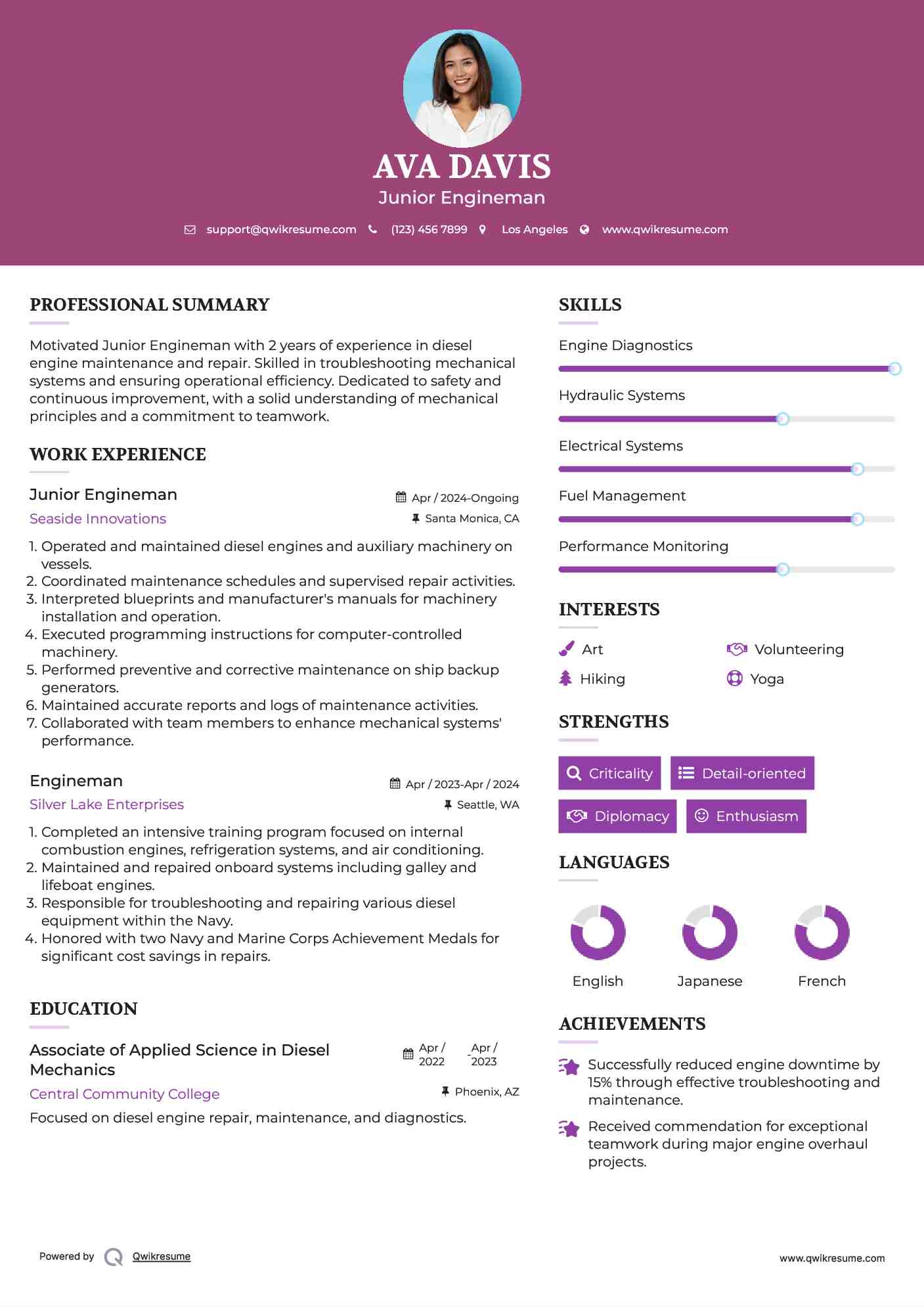 Junior Engineman Resume Sample