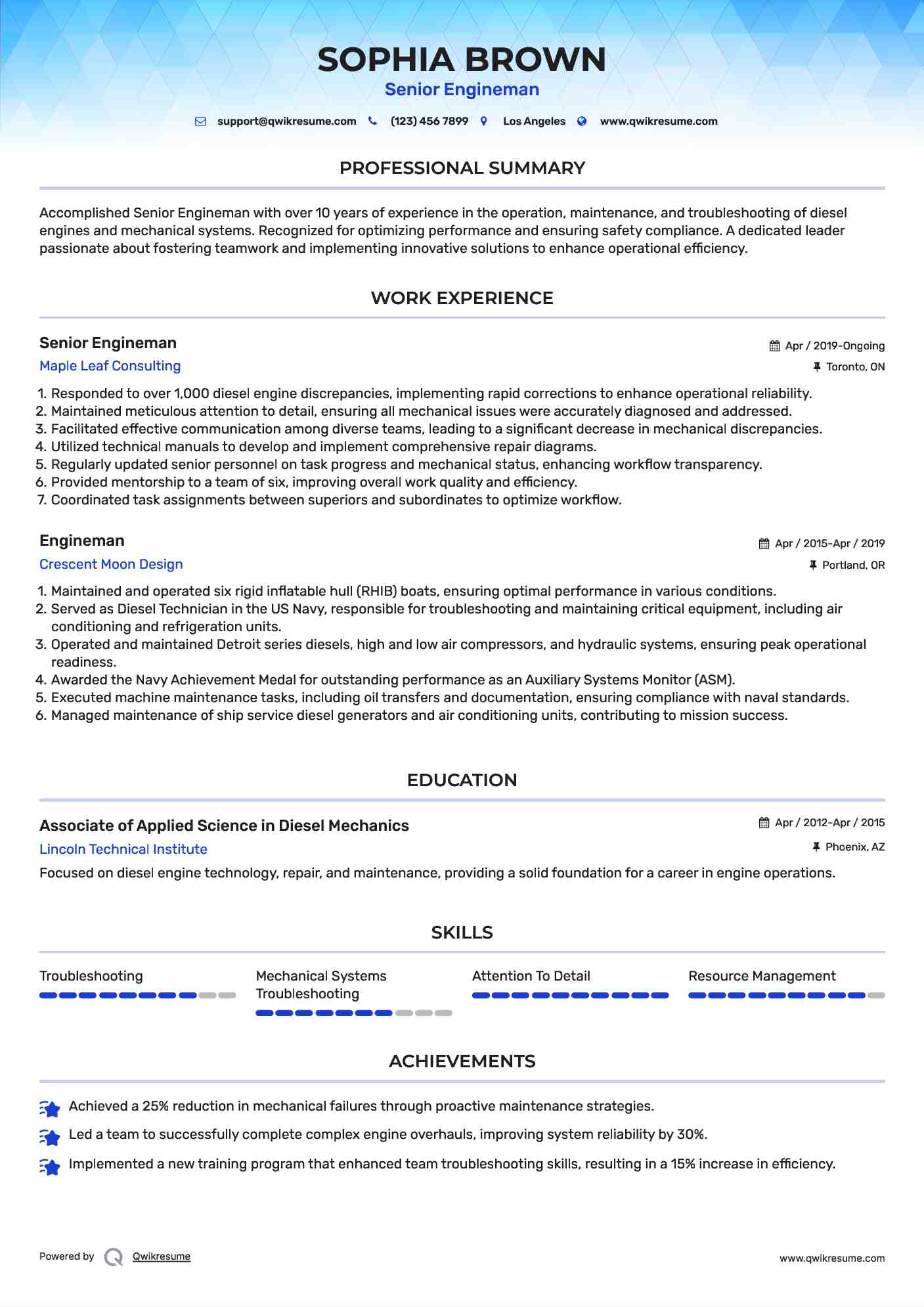 Senior Engineman Resume Format