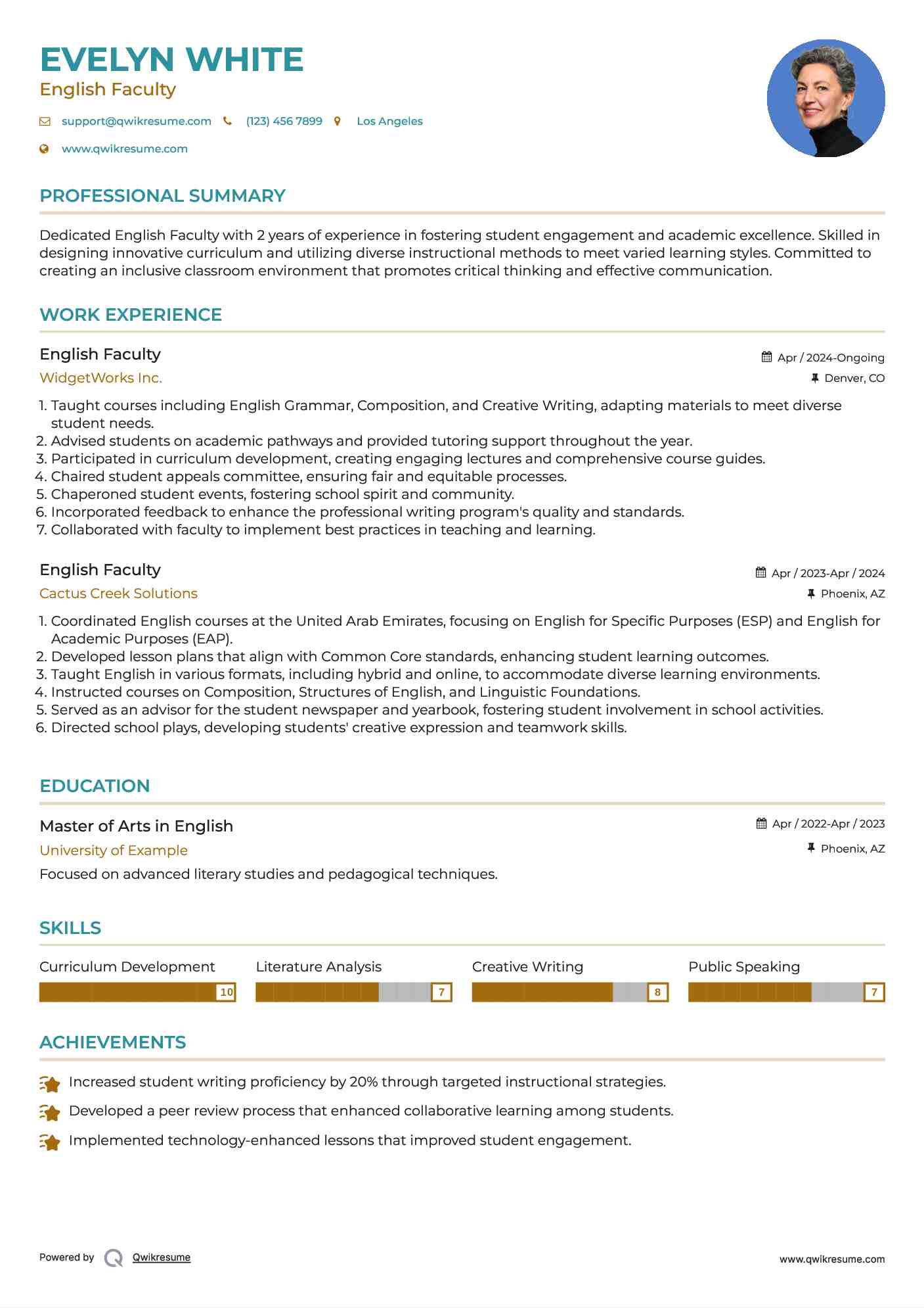 English Faculty Resume Example