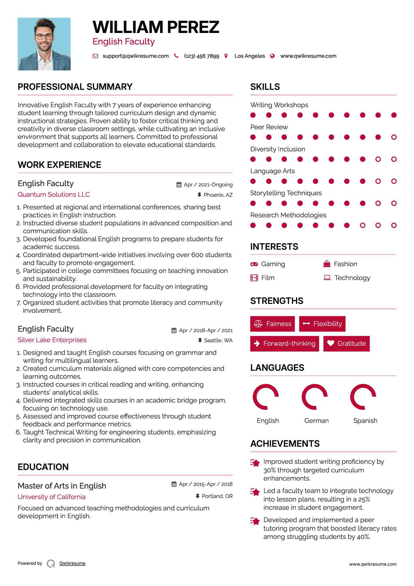 English Faculty Resume Template