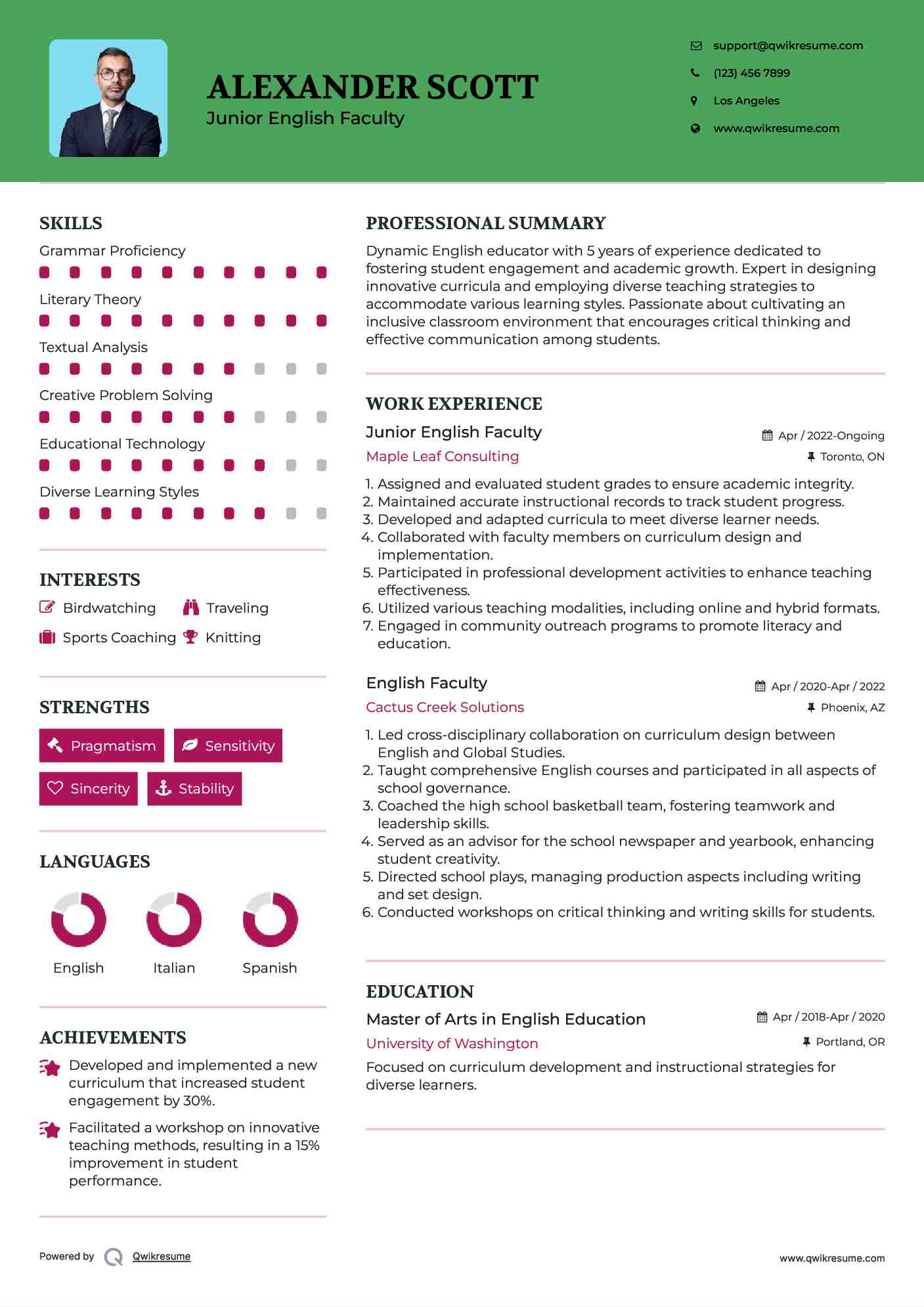 Junior English Faculty Resume Template