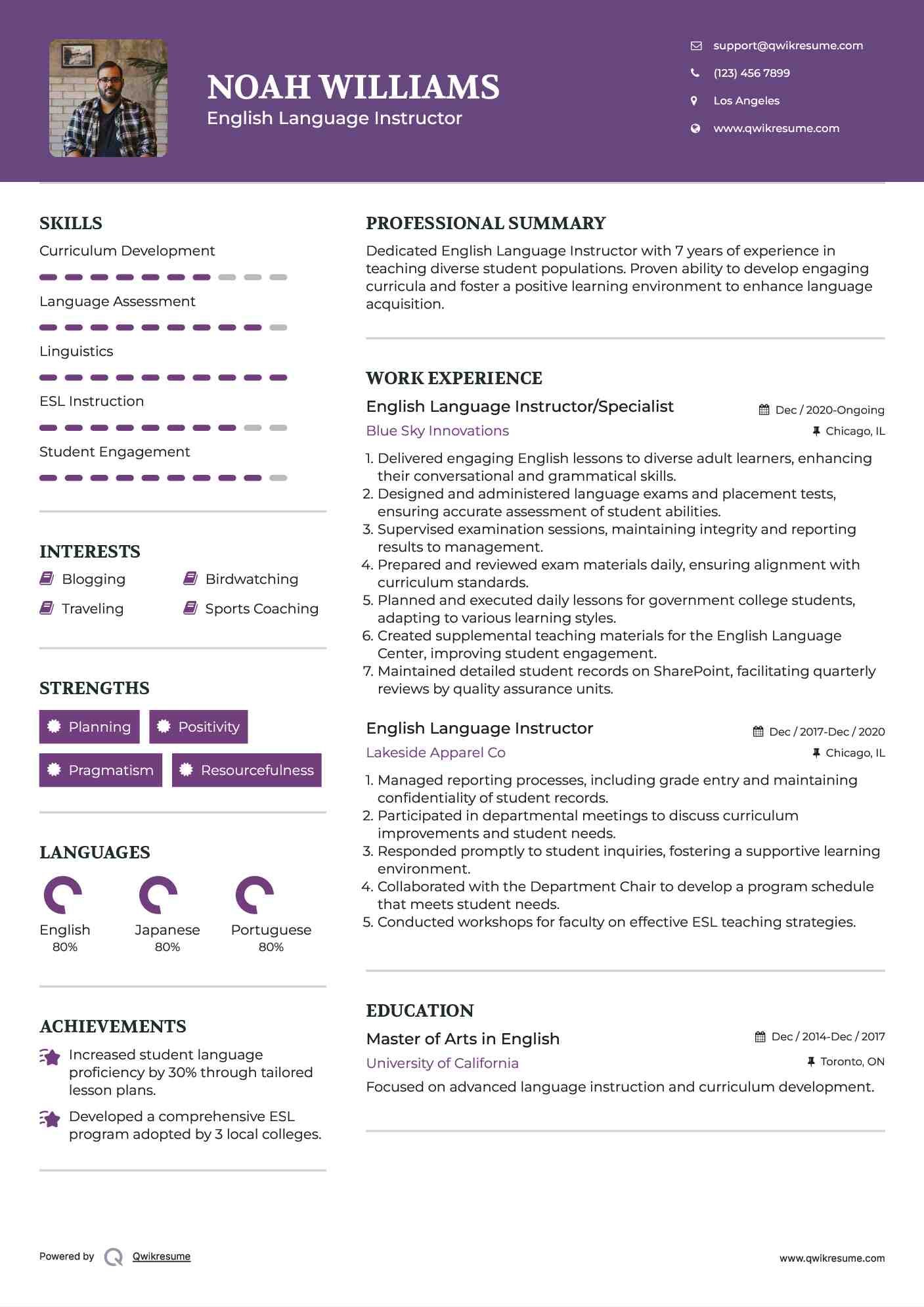 English Language Instructor/Specialist Resume Format