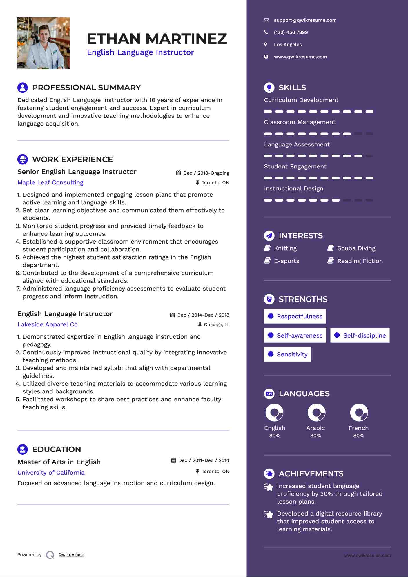 Senior English Language Instructor Resume Example