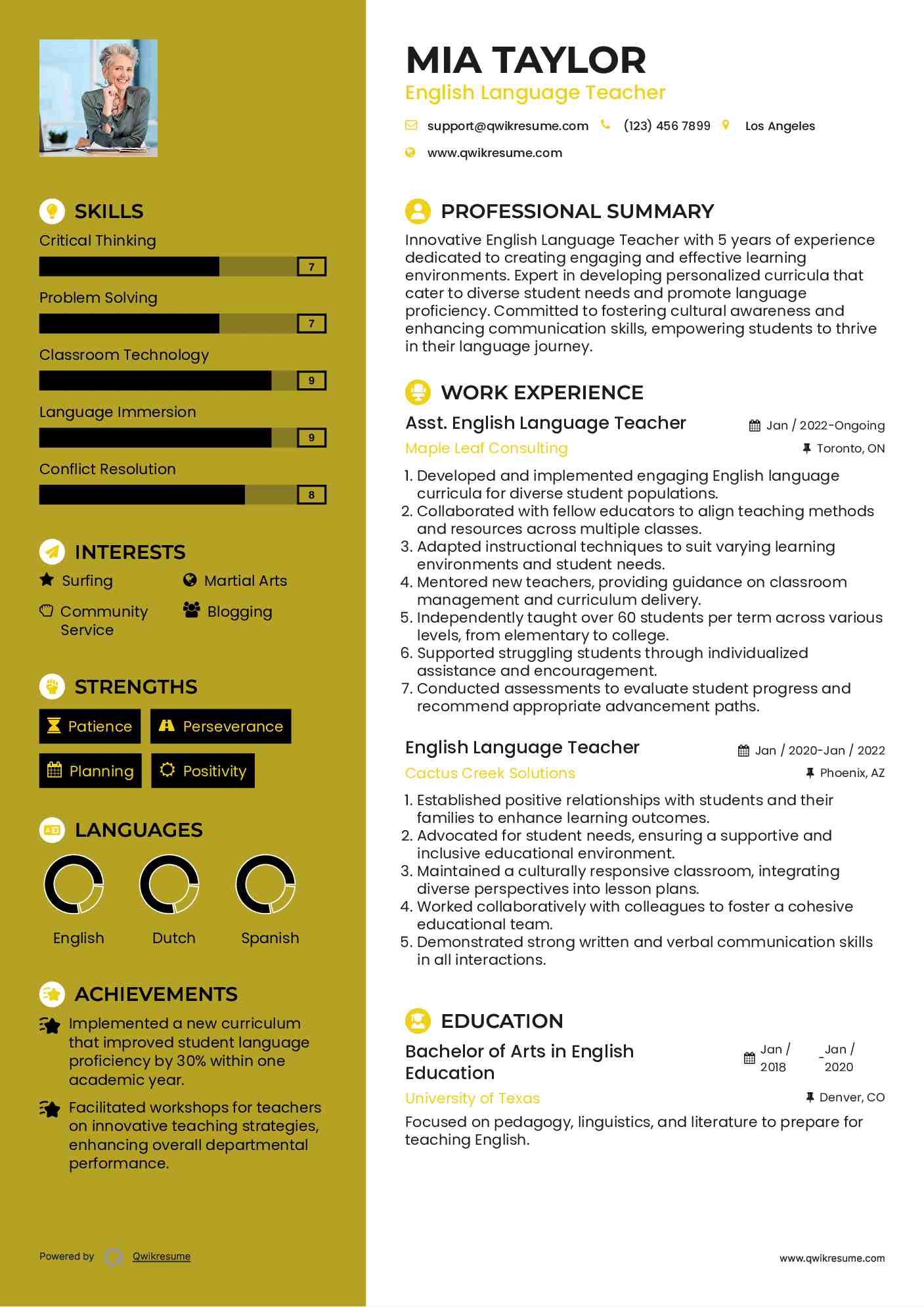 Asst. English Language Teacher Resume Model
