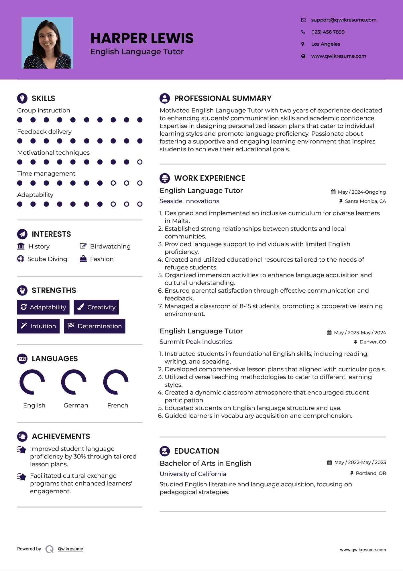 English Language Tutor Resume Sample