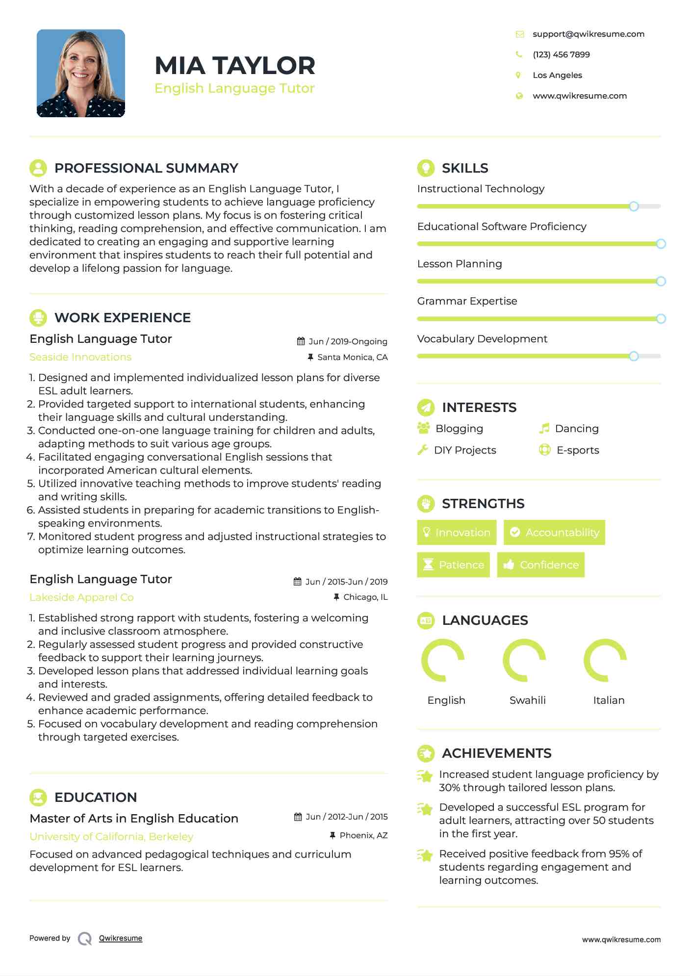 English Language Tutor Resume Template
