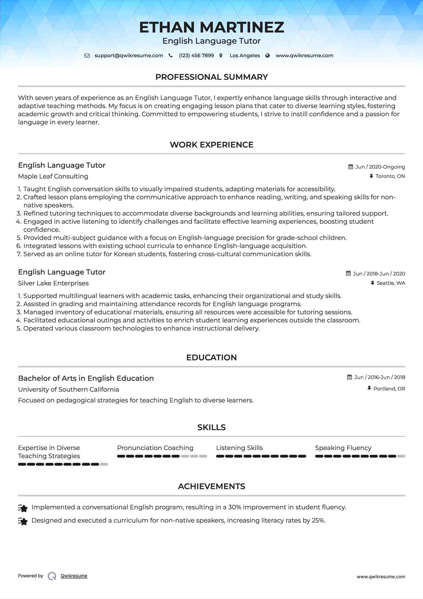 English Language Tutor Resume Template