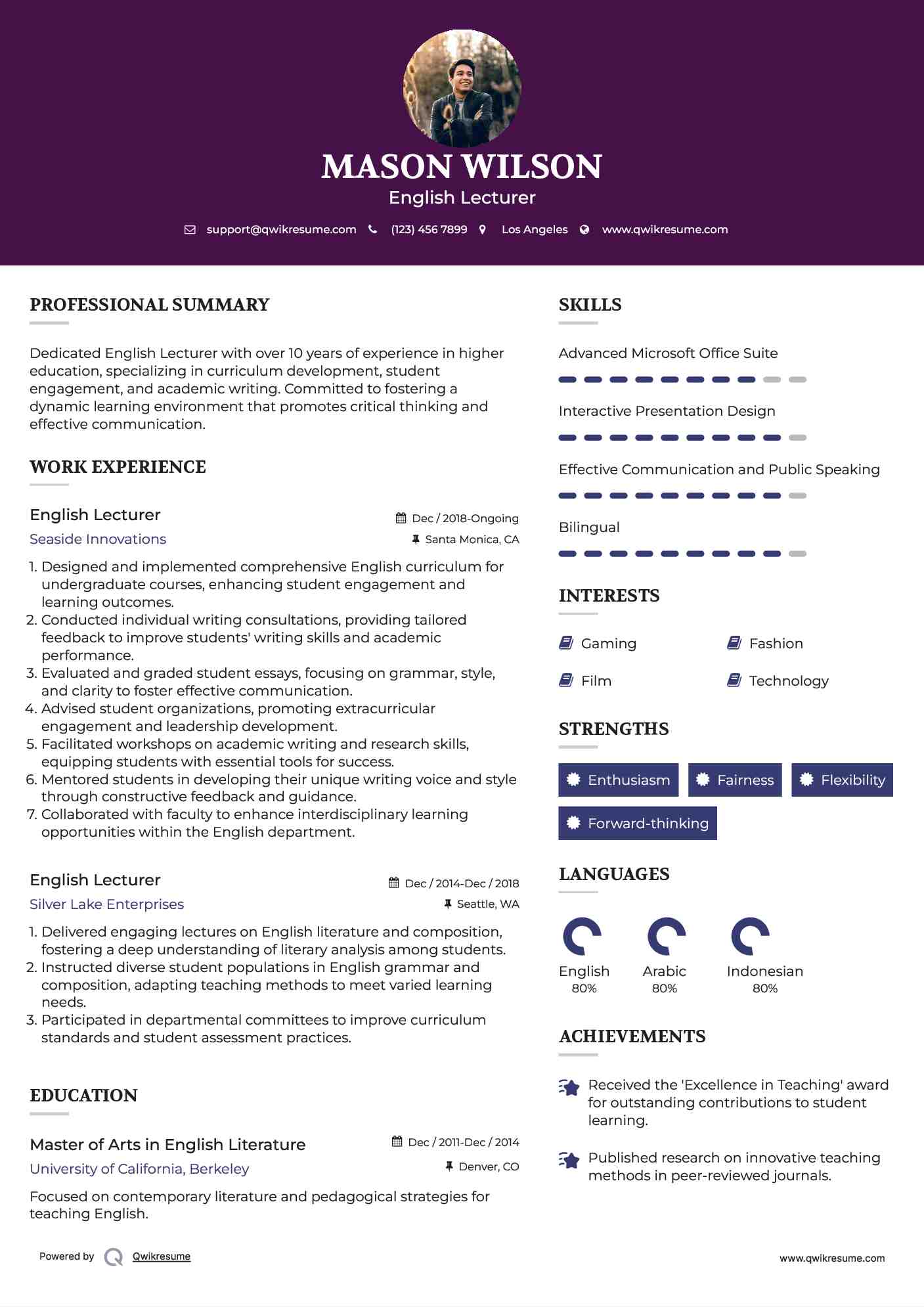English Lecturer Resume Model