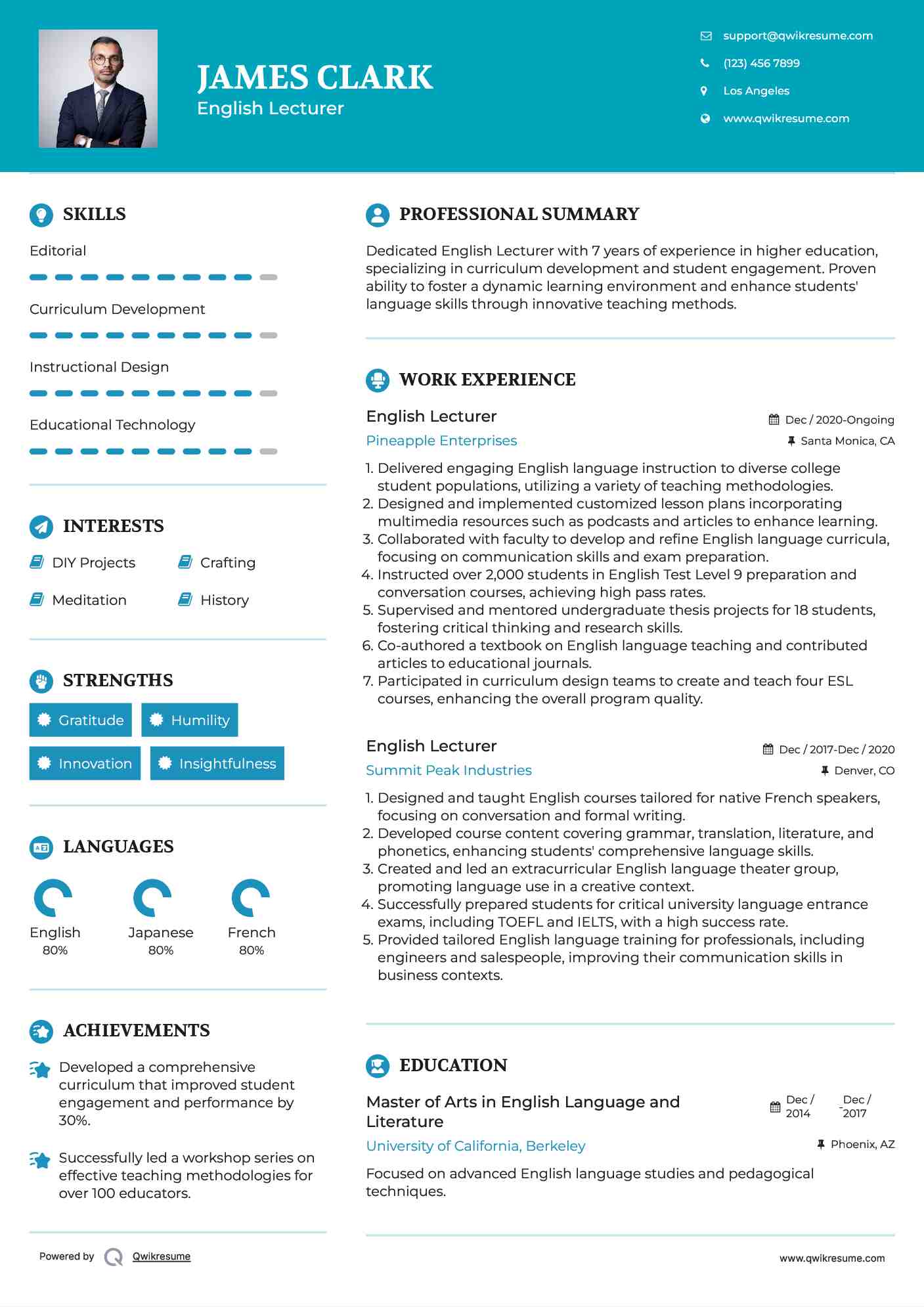 English Lecturer Resume Example