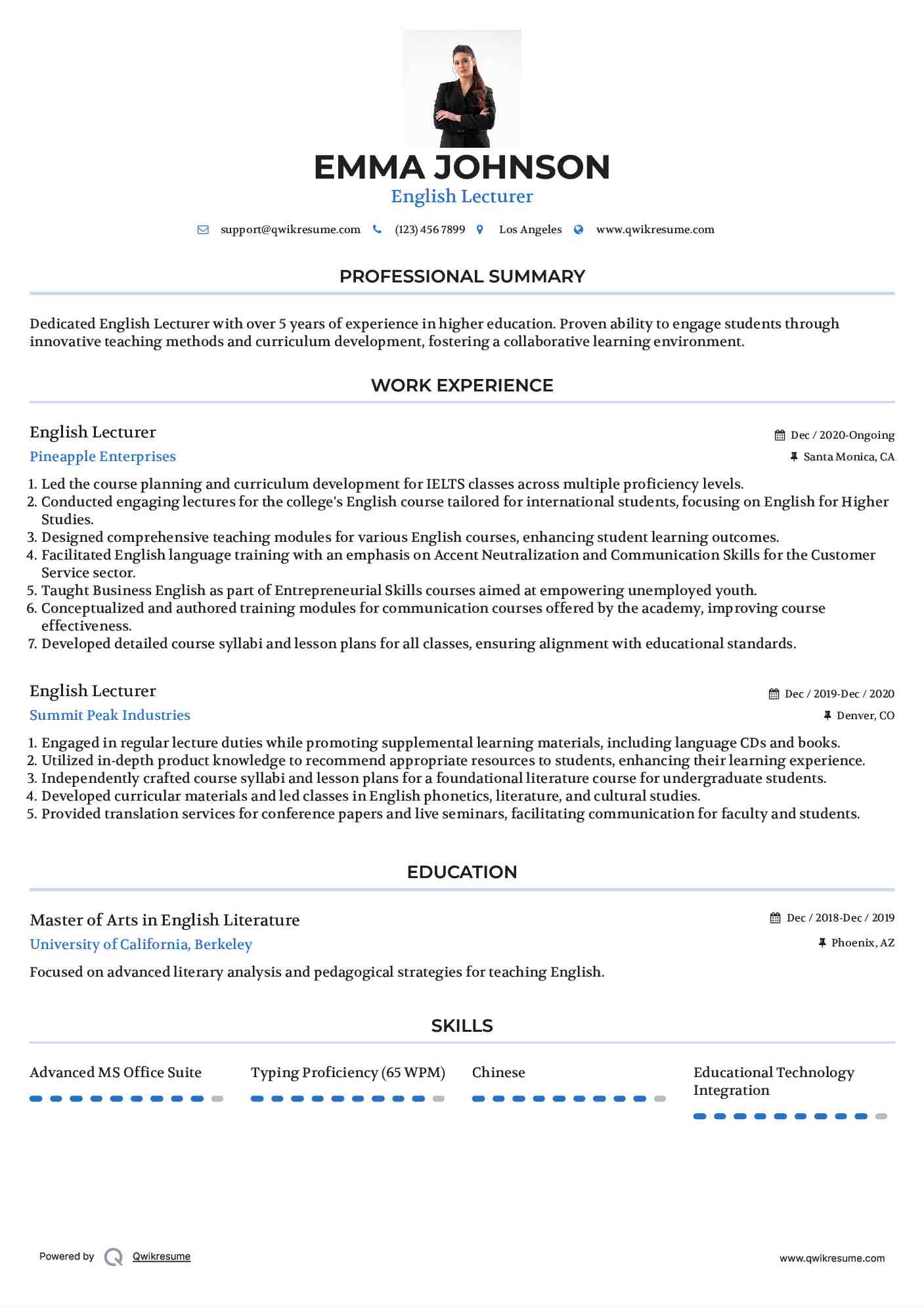English Lecturer Resume Template
