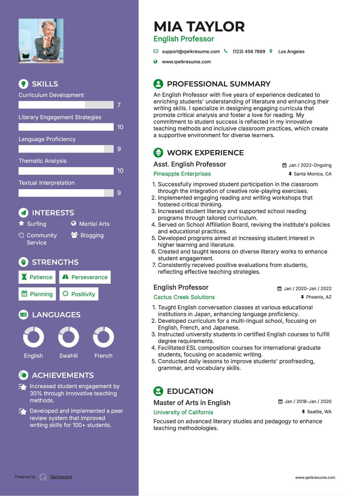 Asst. English Professor Resume Sample