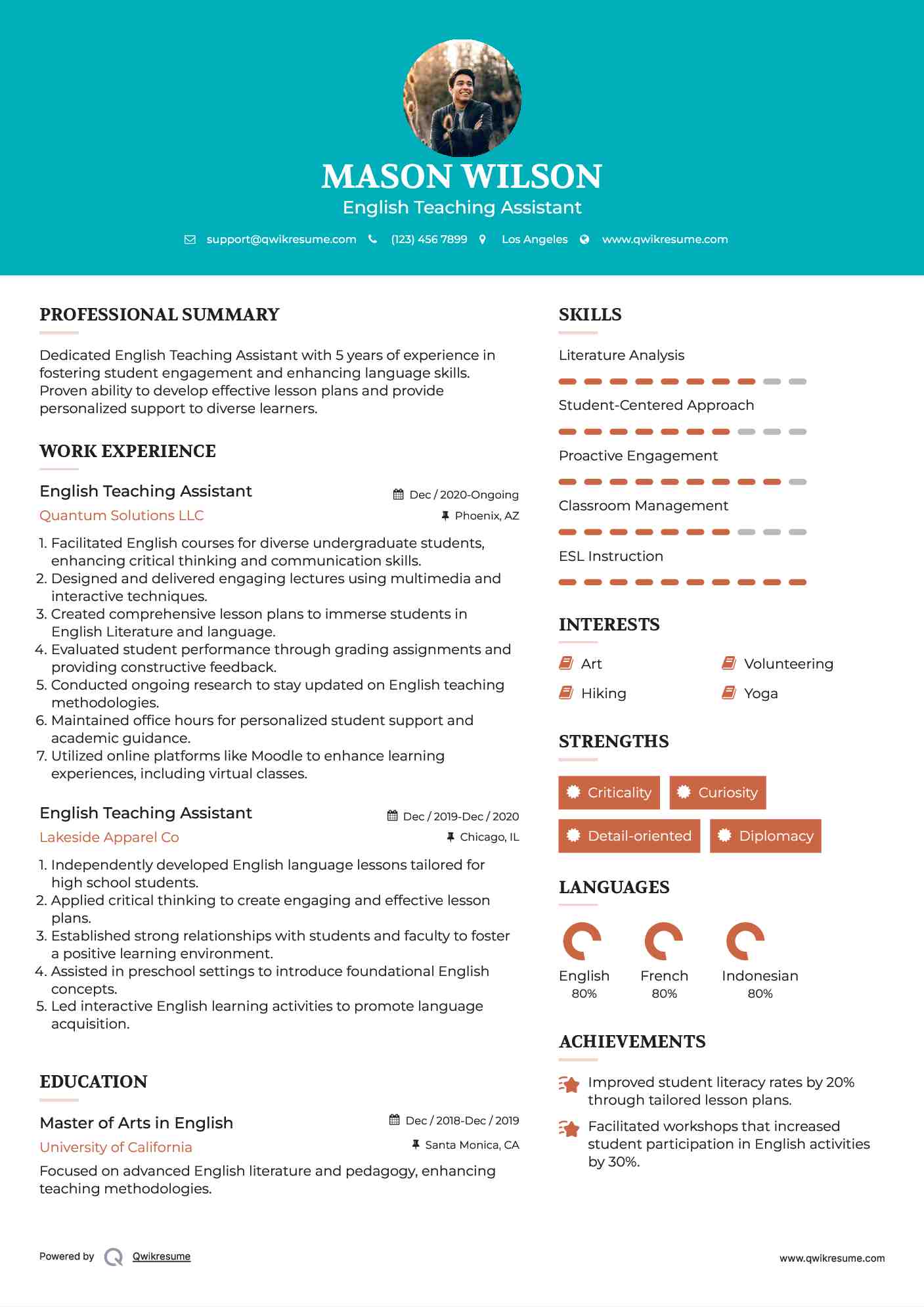 English Teaching Assistant Resume Sample