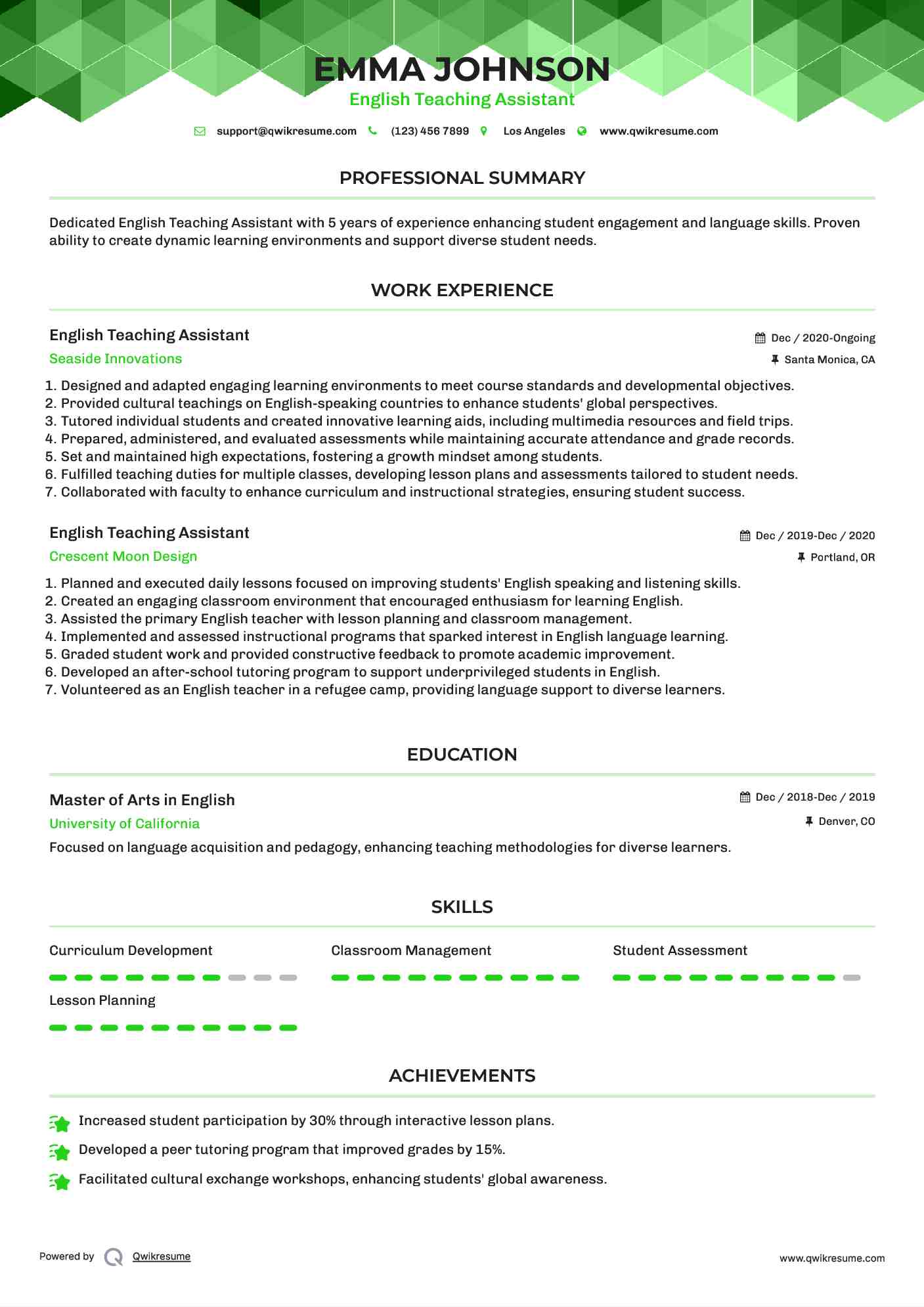 English Teaching Assistant Resume Format