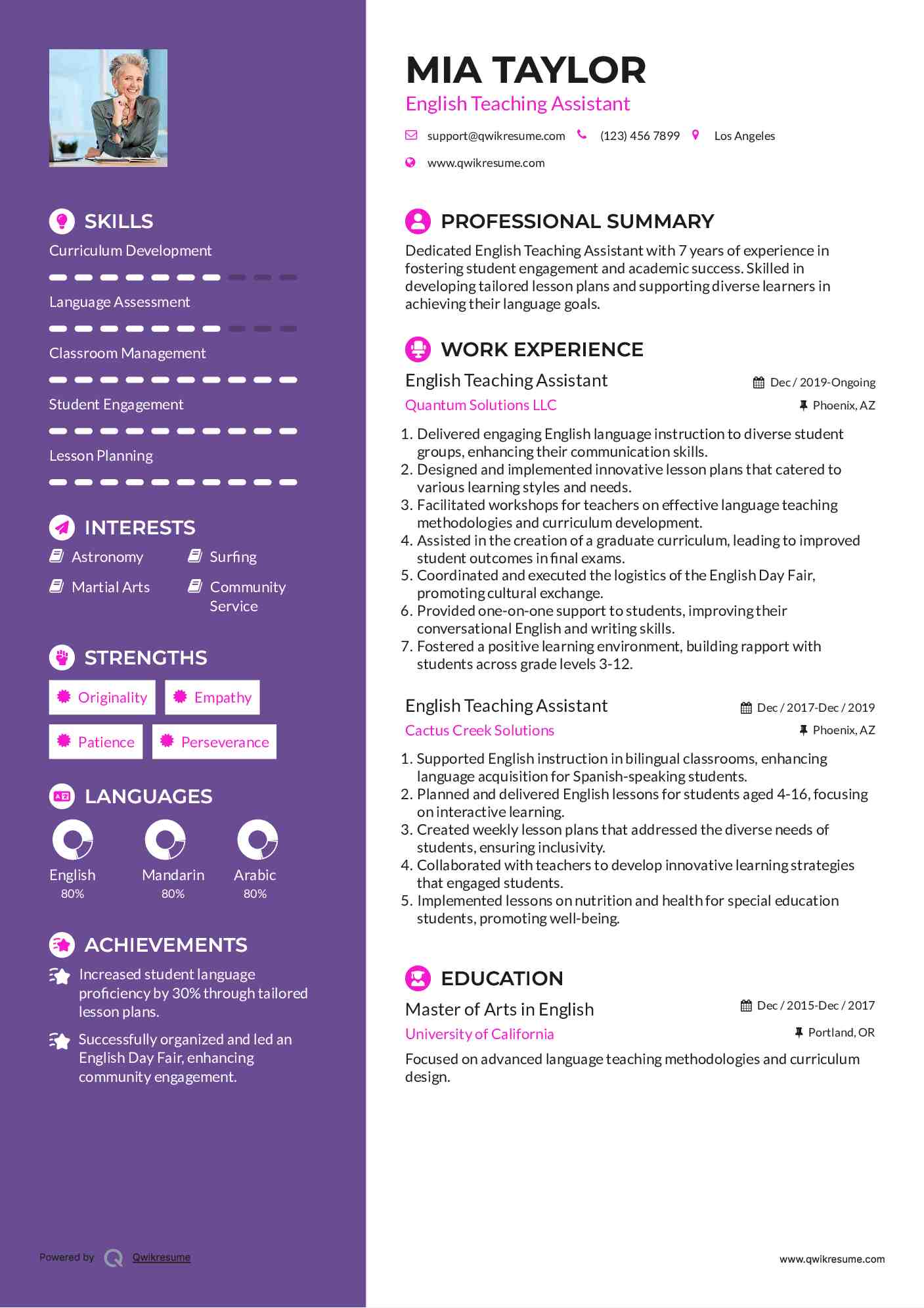 English Teaching Assistant Resume Sample