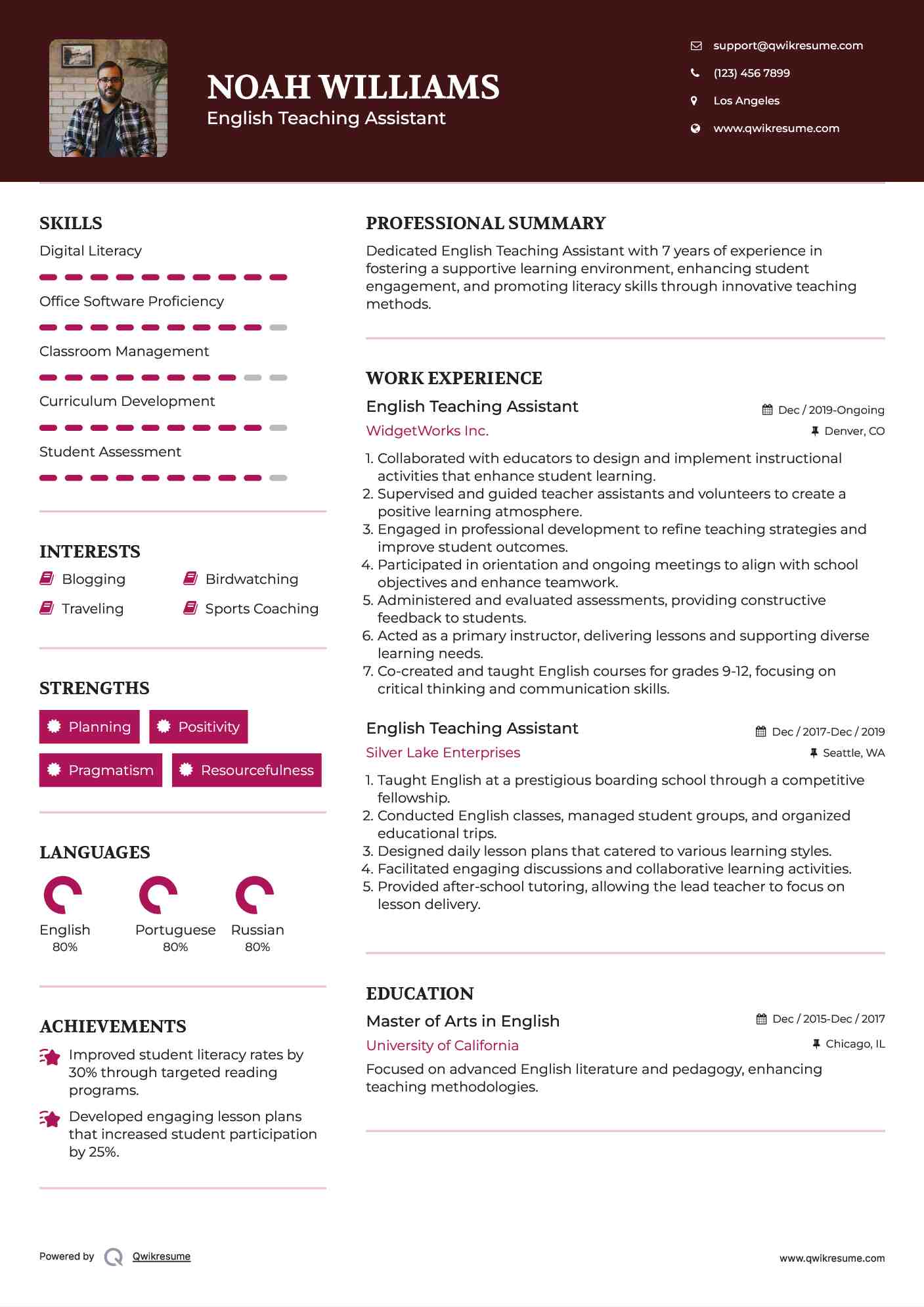 English Teaching Assistant Resume Sample
