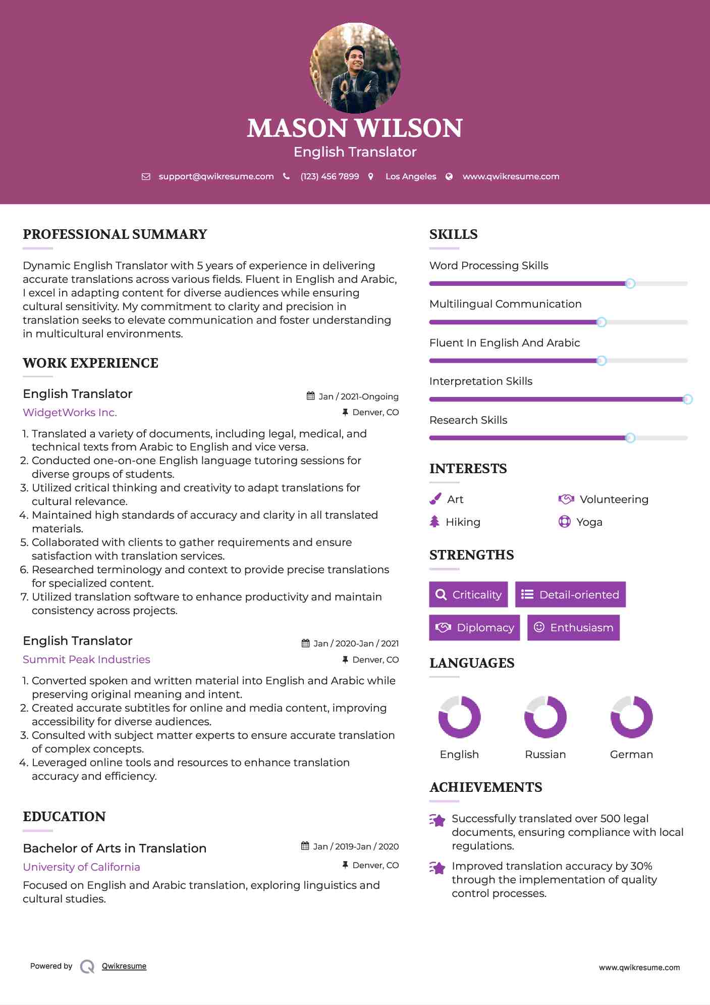 English Translator Resume Model