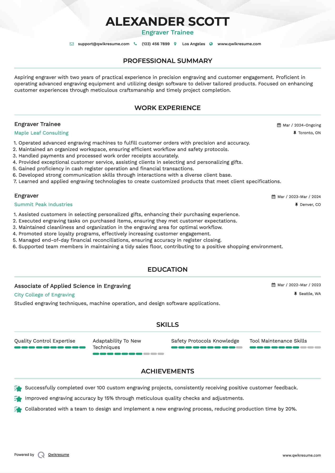 Engraver Trainee Resume Model