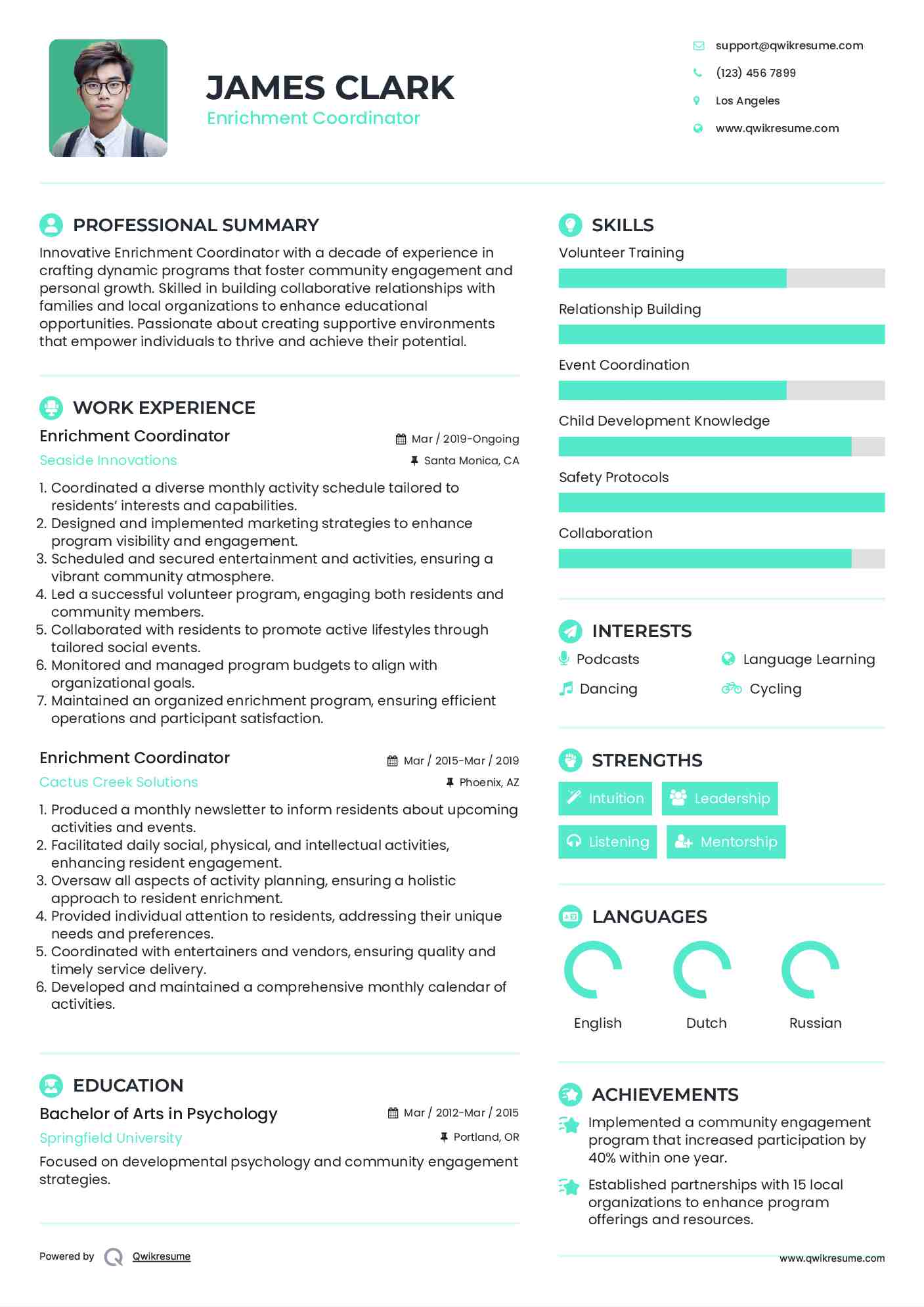 Enrichment Coordinator Resume Example