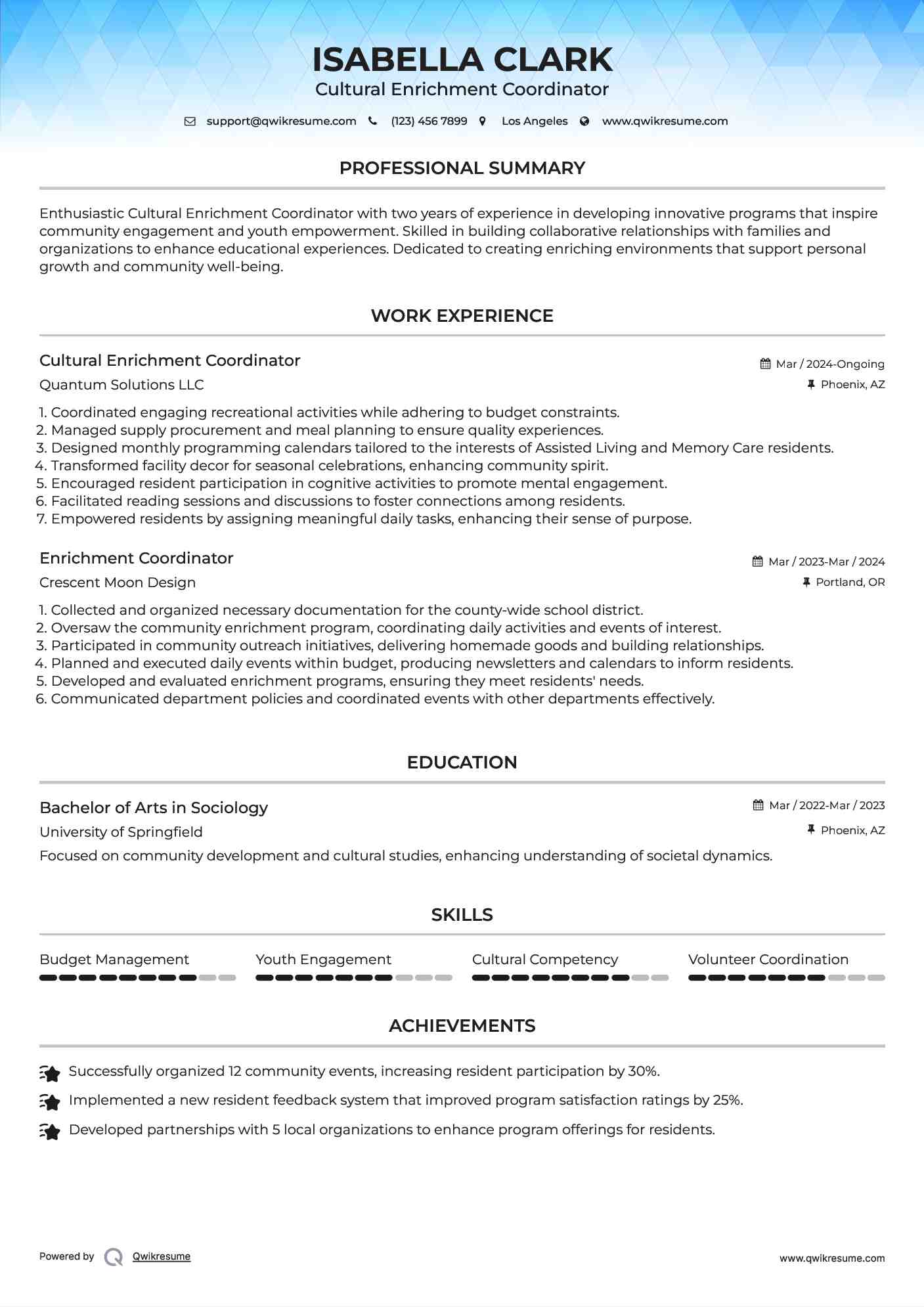 Cultural Enrichment Coordinator Resume Template