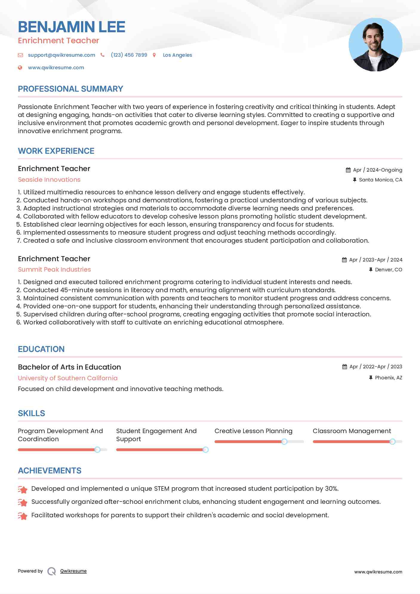 Enrichment Teacher Resume Sample