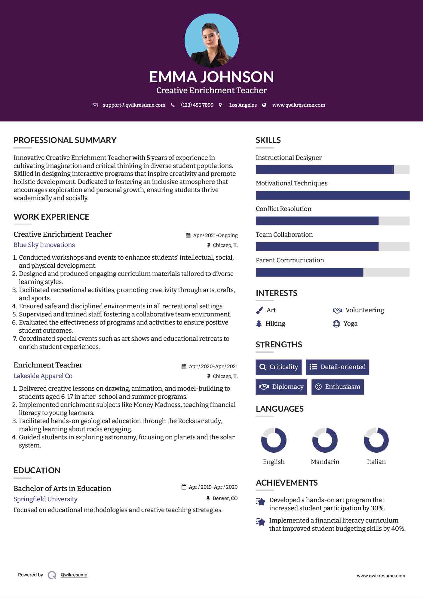 Creative Enrichment Teacher Resume Template