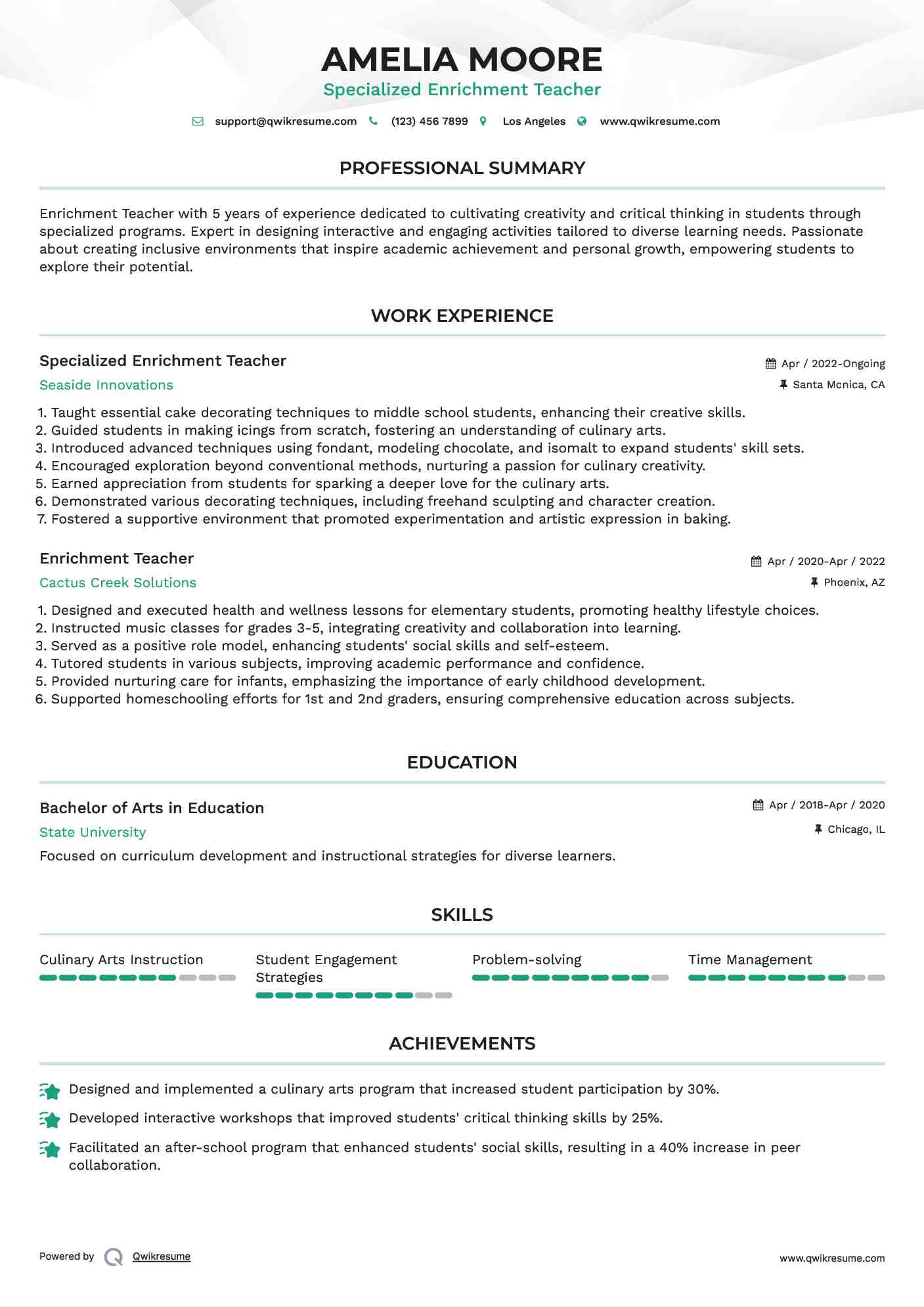 Specialized Enrichment Teacher Resume Template