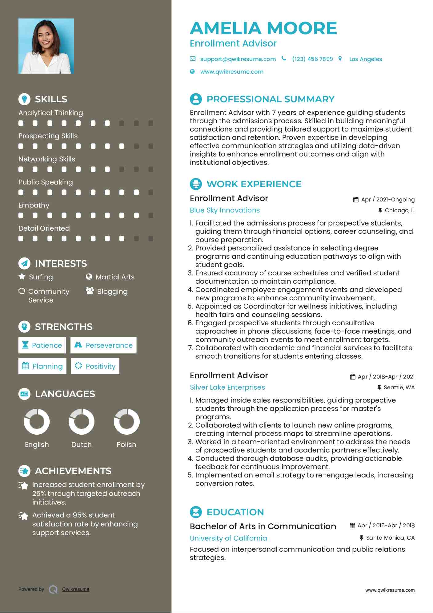 Enrollment Advisor Resume Samples | QwikResume