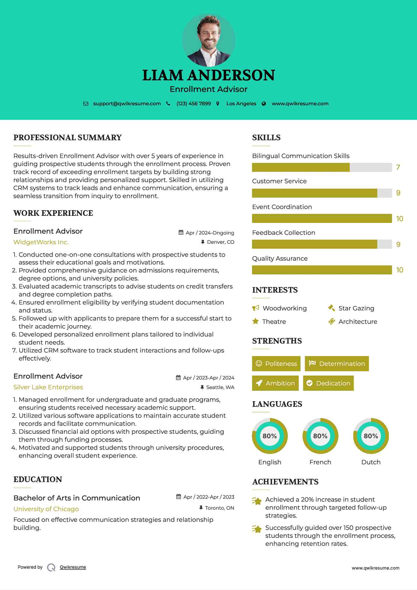 Enrollment Advisor Resume Model