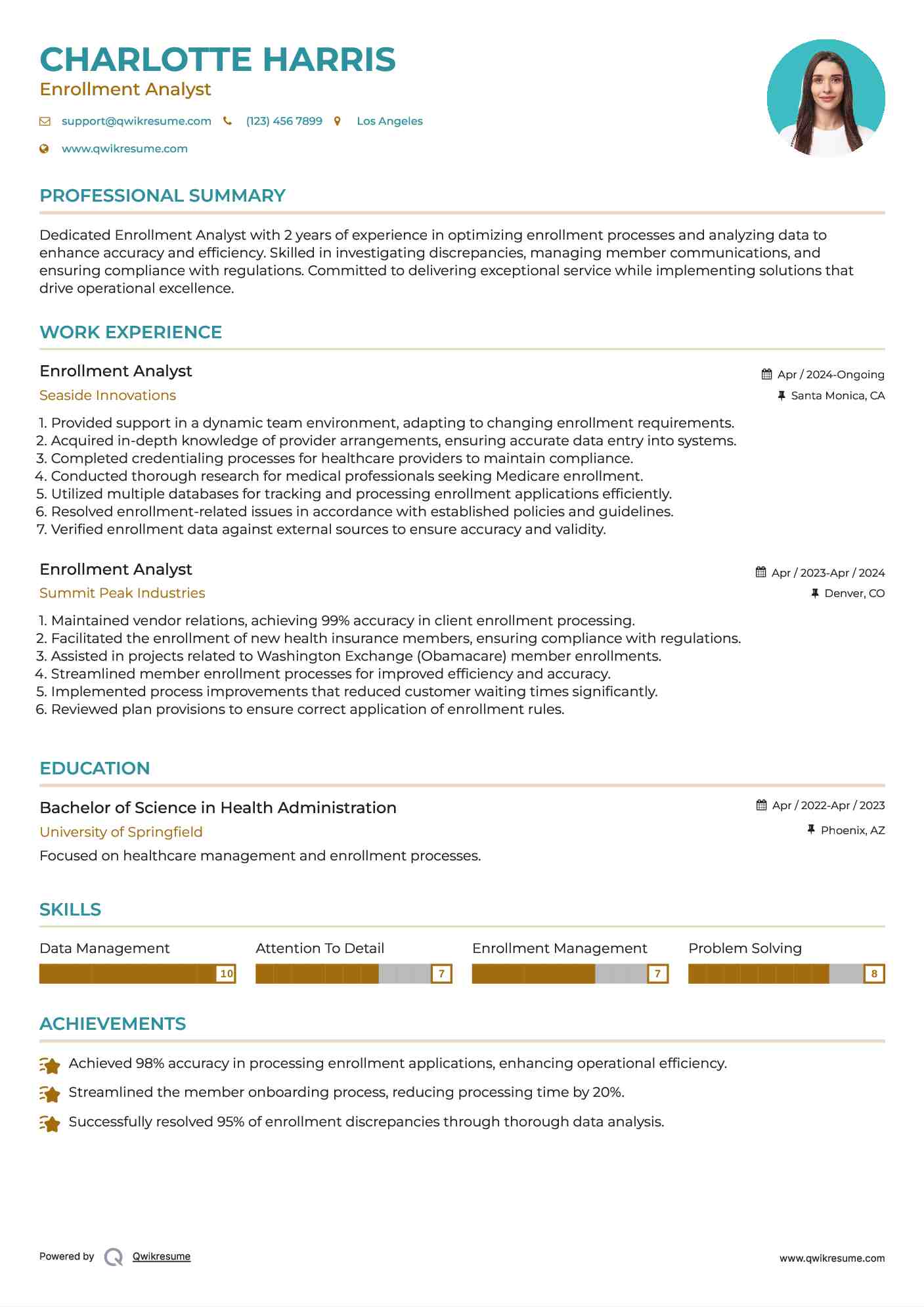 Enrollment Analyst Resume Example
