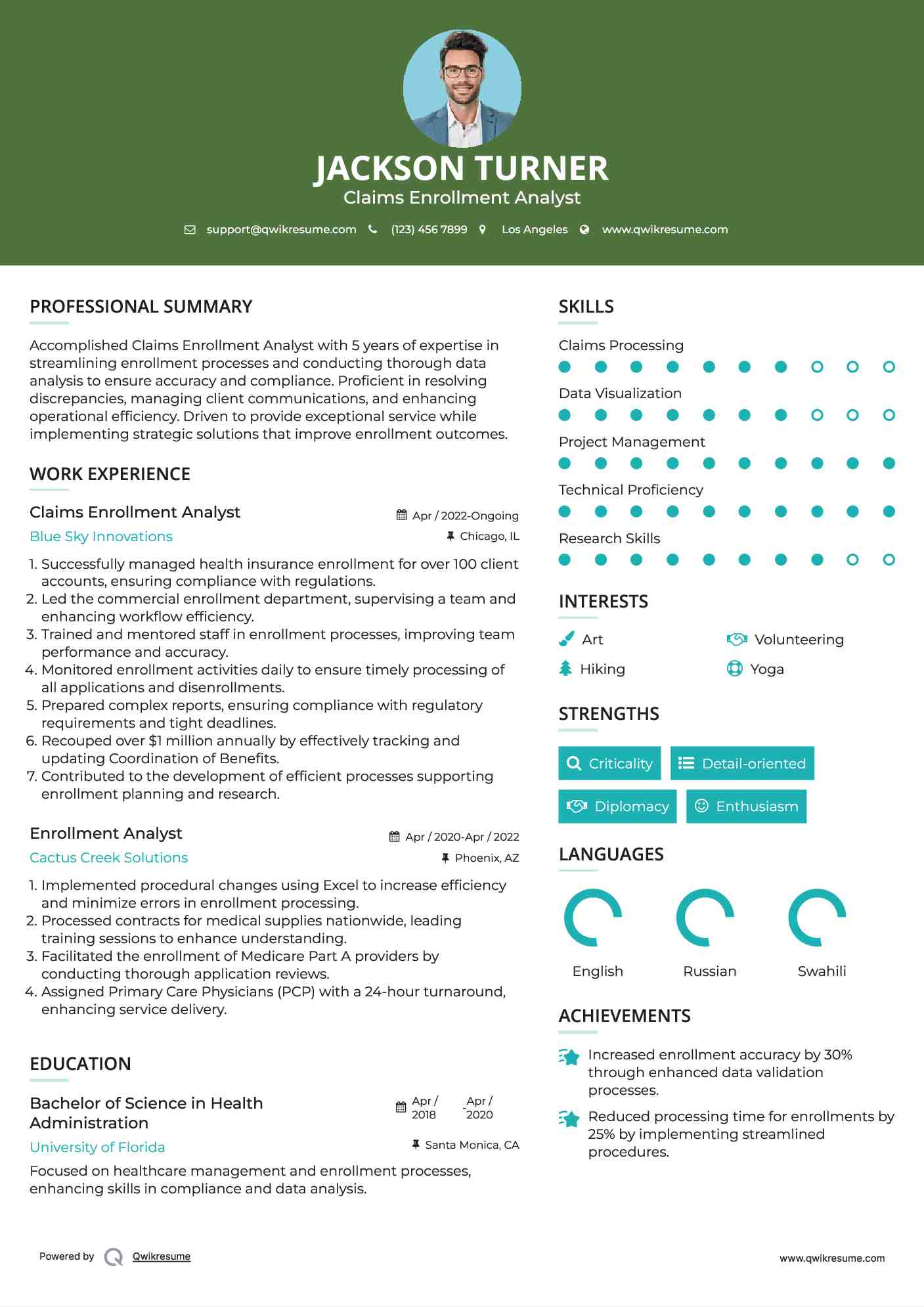 Claims Enrollment Analyst
 Resume Sample