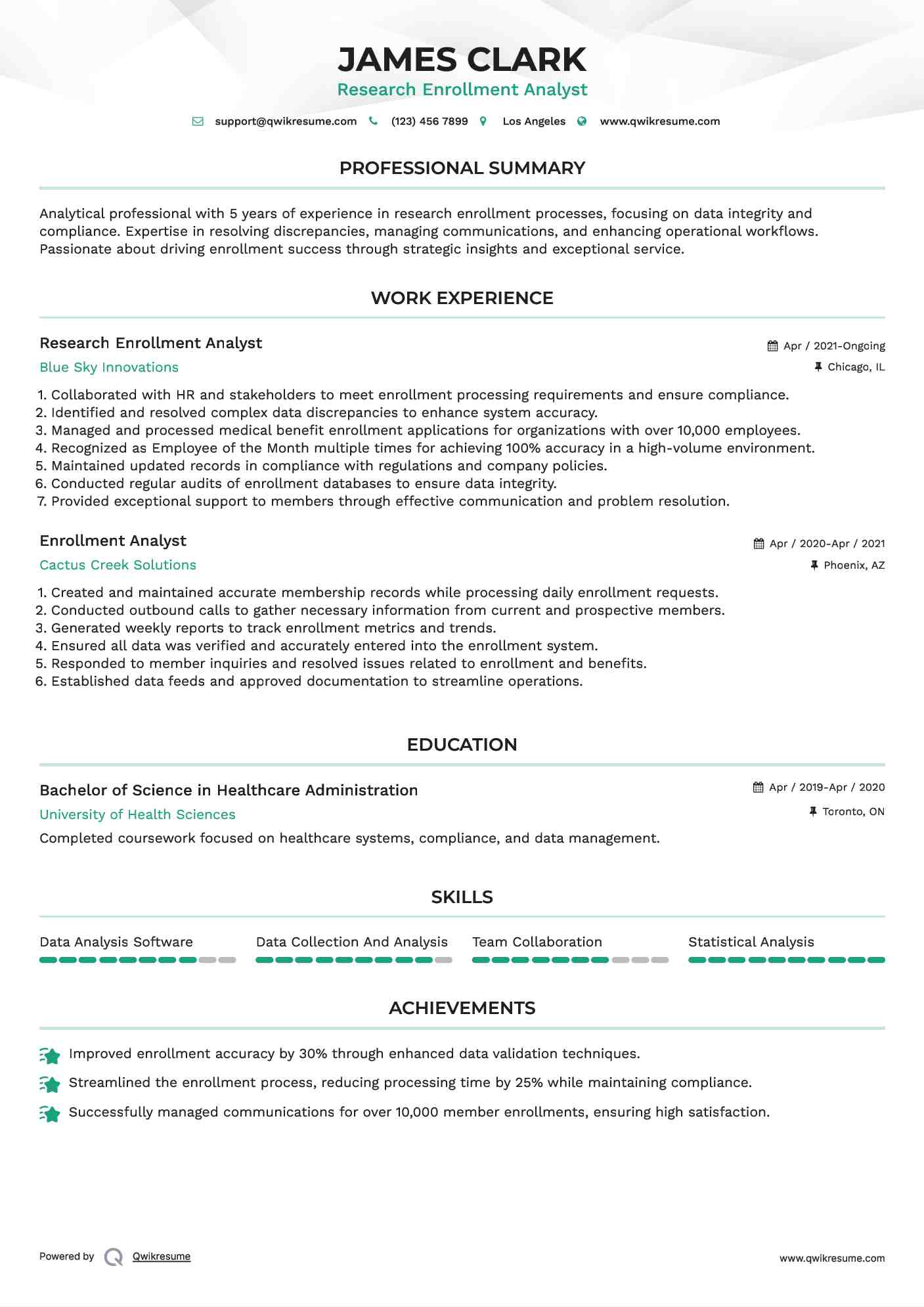 Research Enrollment Analyst
 Resume Example