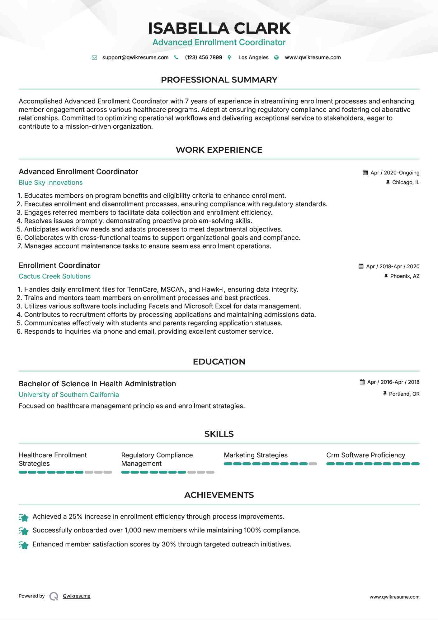Advanced Enrollment Coordinator Resume Format