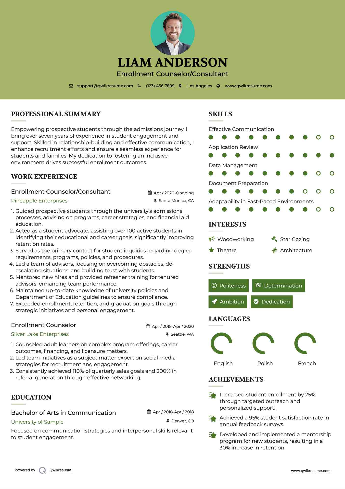 Enrollment Counselor/Consultant  Resume Model