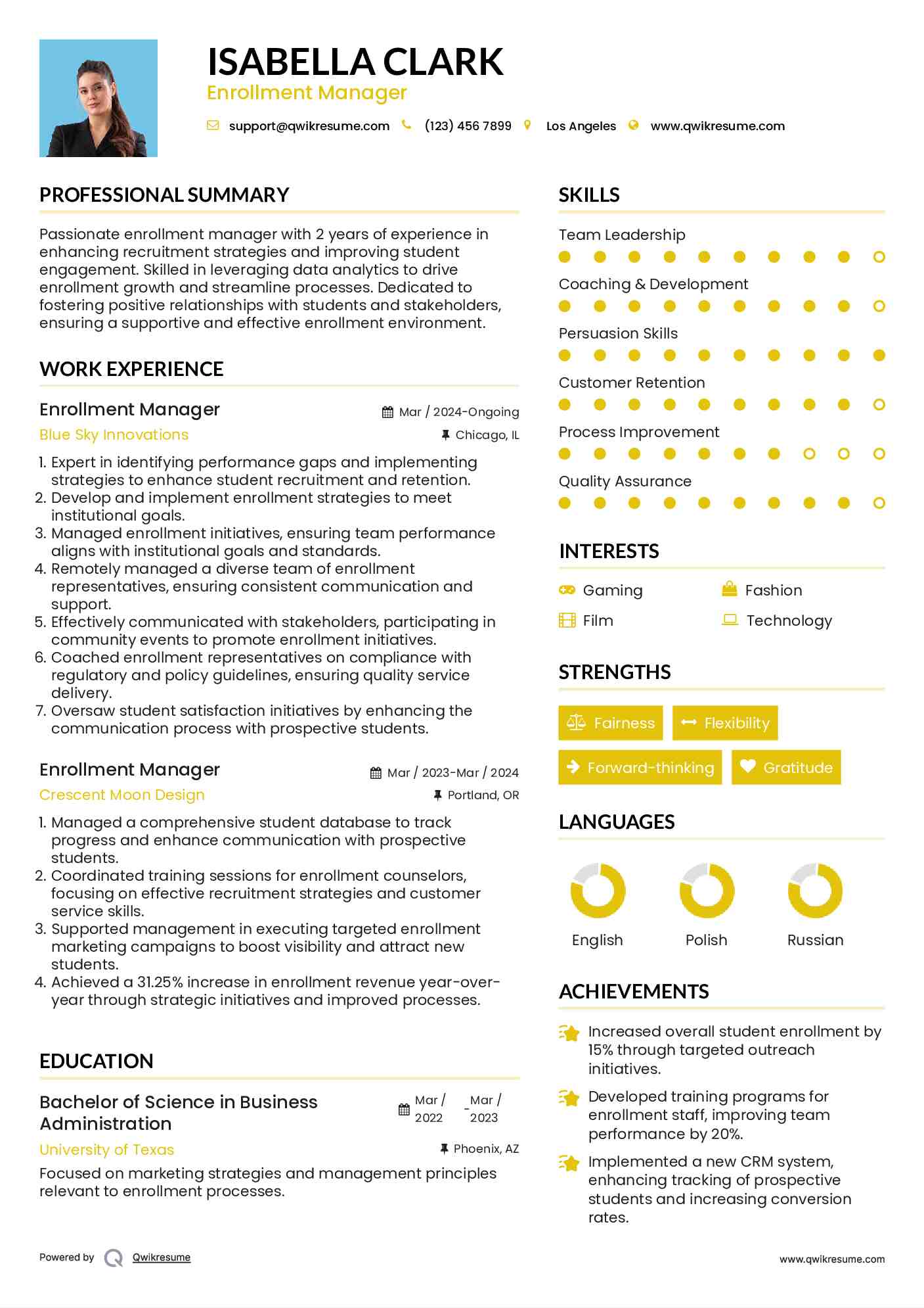 Enrollment Manager Resume Sample