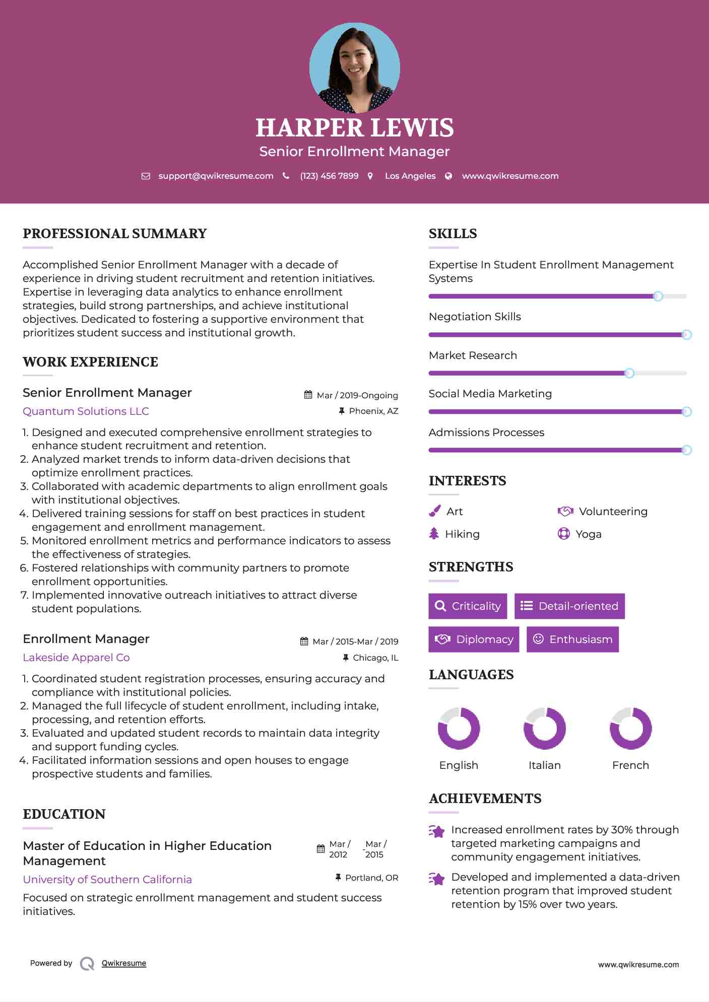 Senior Enrollment Manager Resume Template