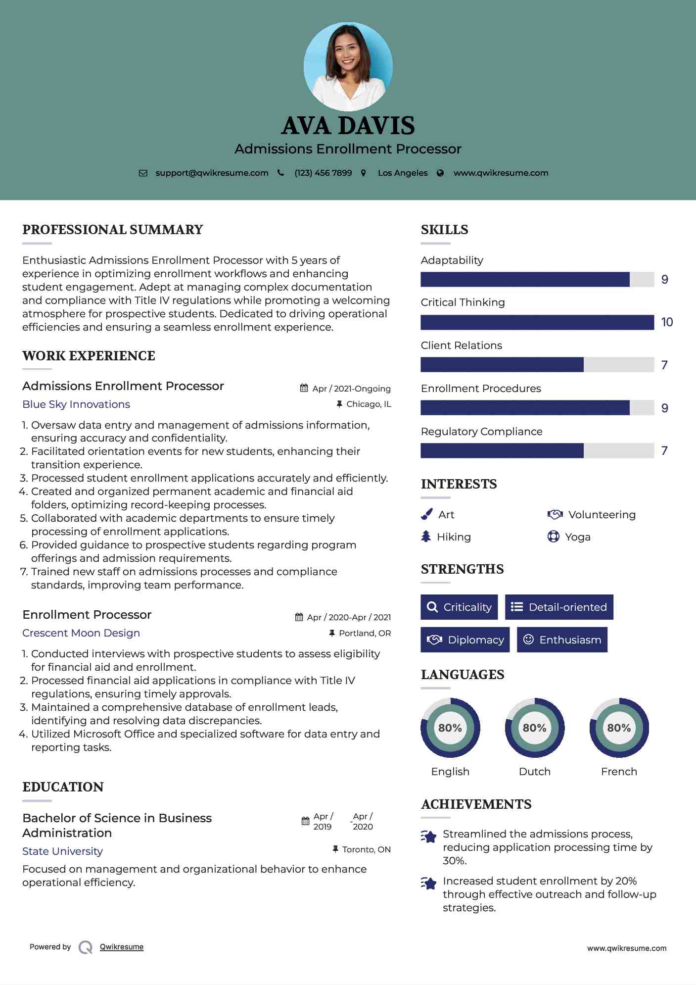 Admissions Enrollment Processor Resume Sample