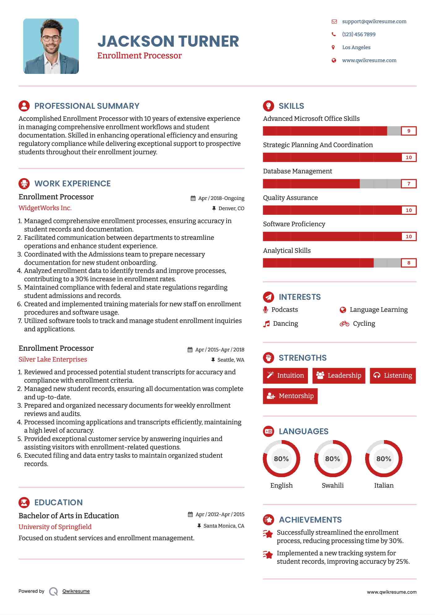 Enrollment Processor Resume Example