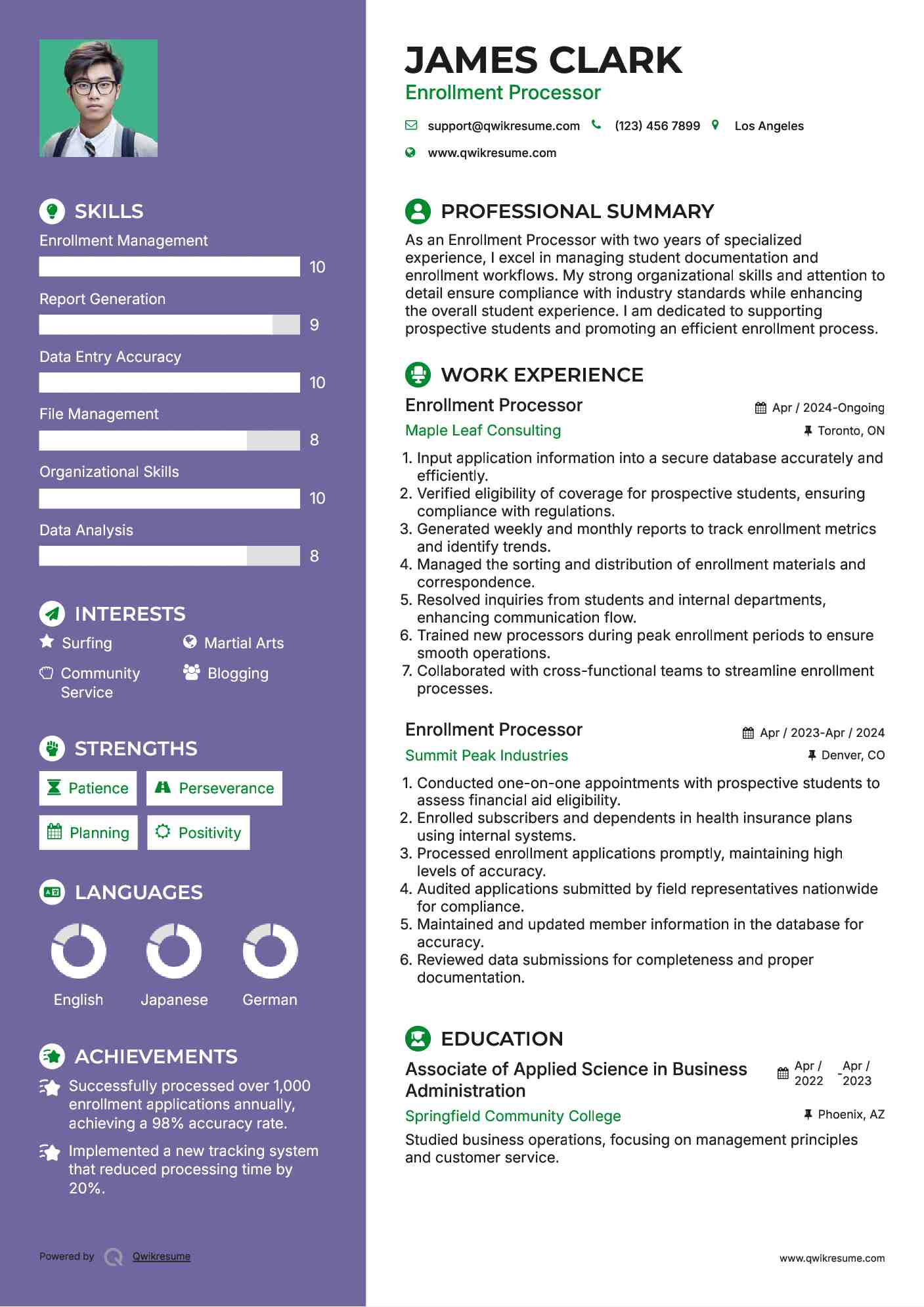 Enrollment Processor Resume Template