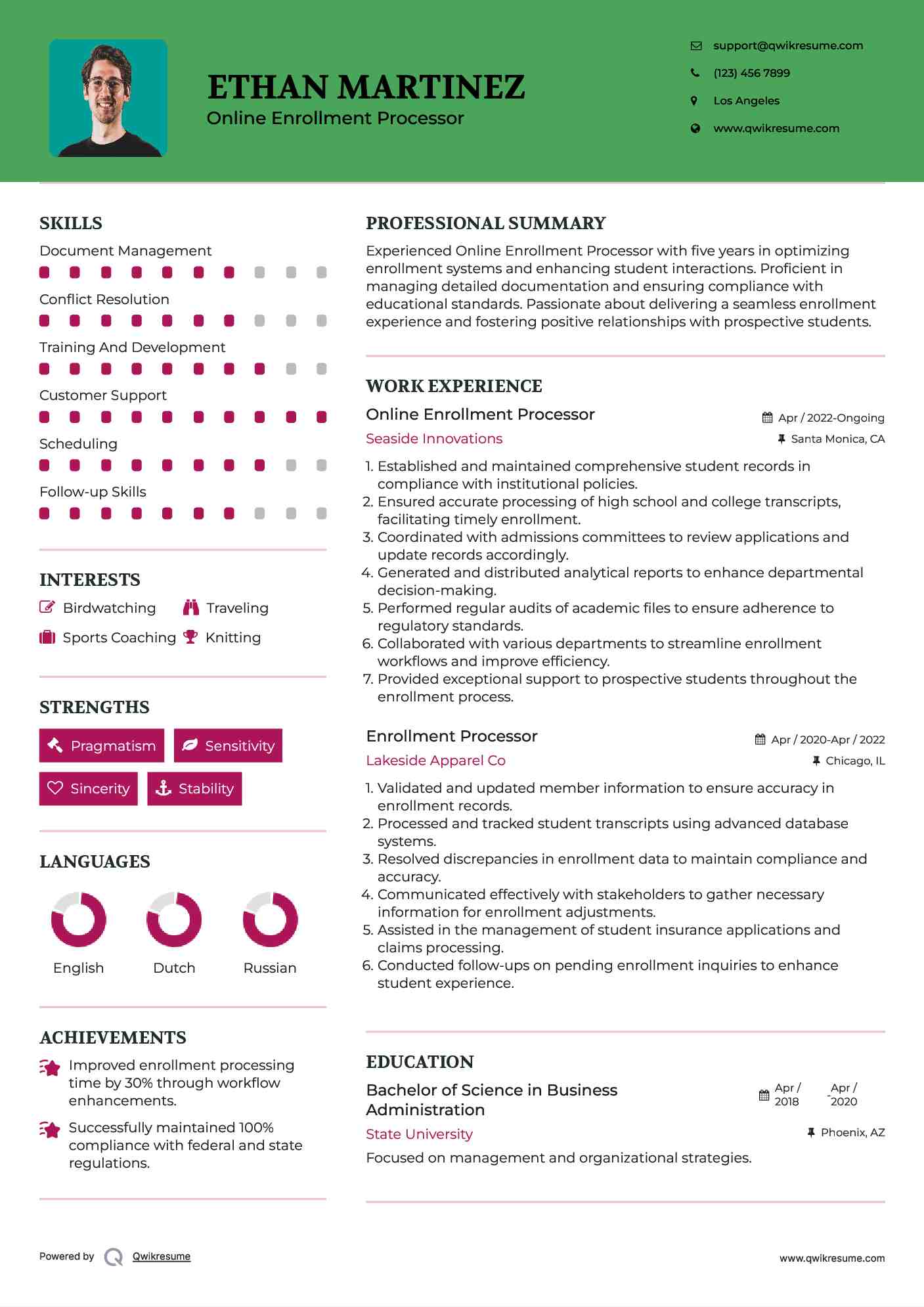Online Enrollment Processor Resume Model
