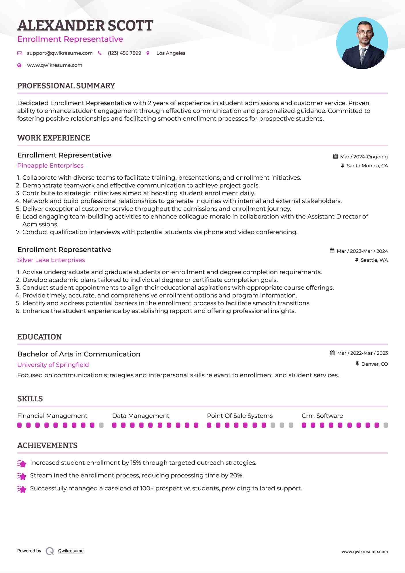 Enrollment Representative Resume Format