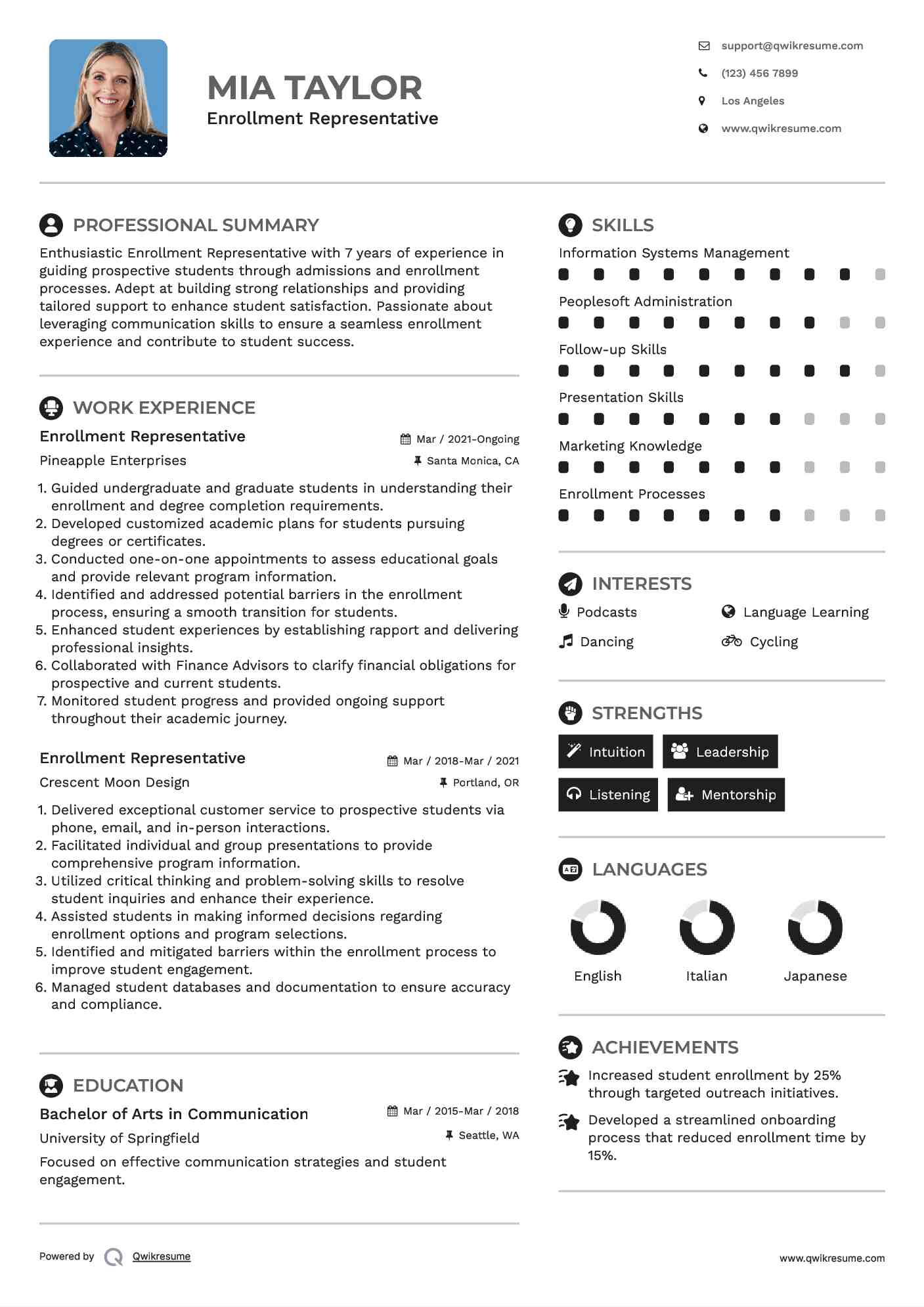 Enrollment Representative Resume Example