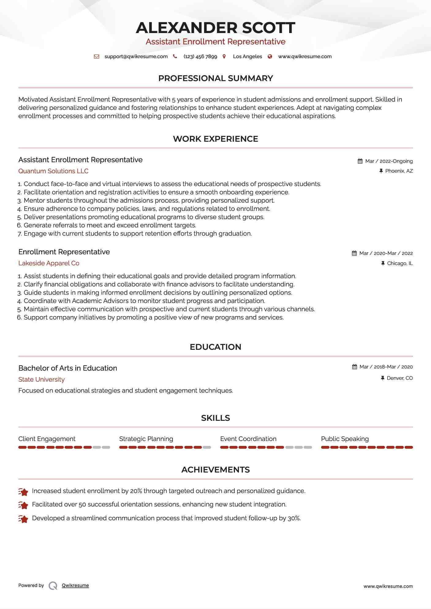 Assistant Enrollment Representative  Resume Template