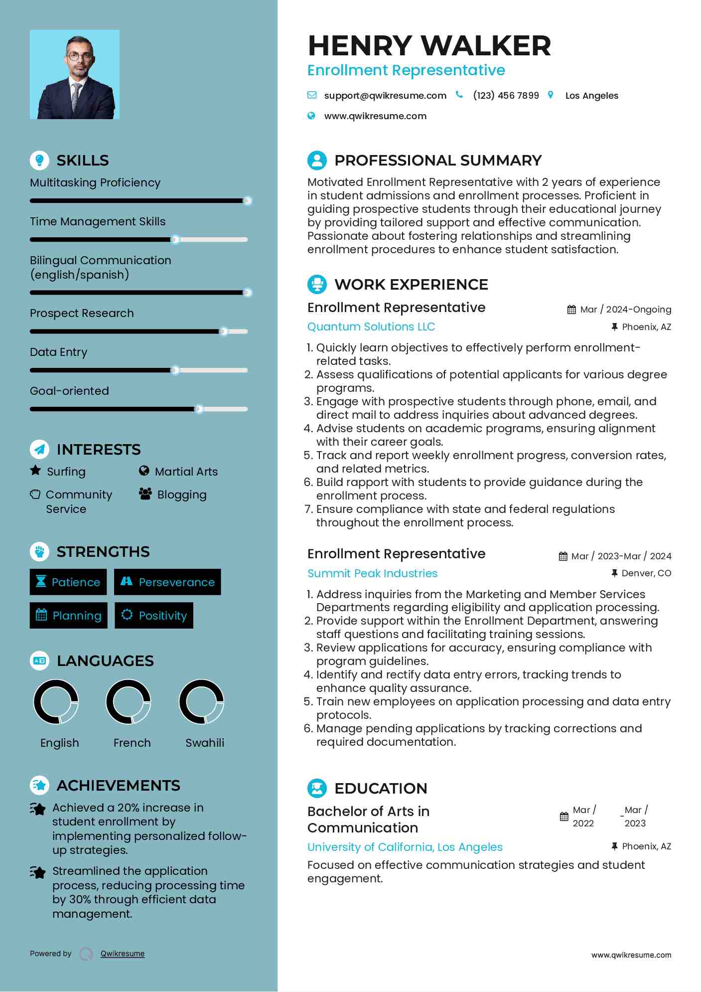 Enrollment Representative Resume Model