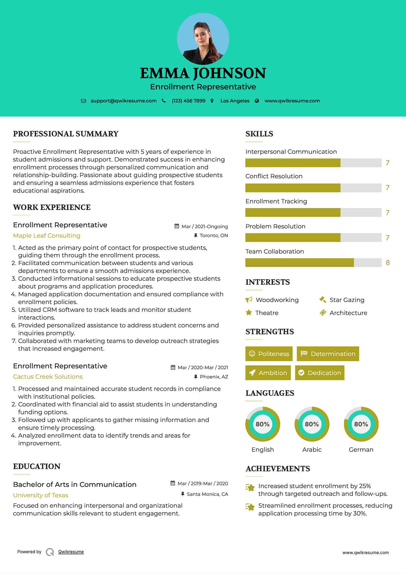 Enrollment Representative Resume Sample